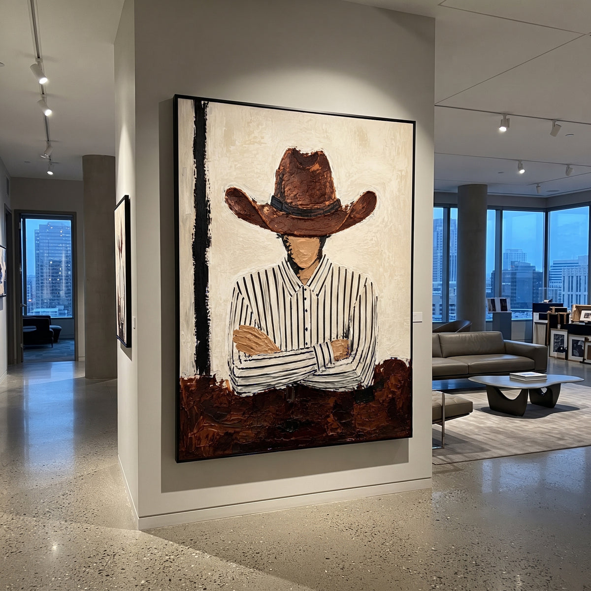 "Arms Crossed Brown Hat Cowboy Painting" focuses on atmosphere, surface movement, and sculptural heavy impasto craftsmanship rather than a fixed literal storyline. The composition uses this hand-painted vertical canvas shows a faceless cowboy standing with crossed arms beneath a broad brown hat as the visual anchor, while layered palette-knife paint, raised plaster-like texture, and softened brush movement create tactile depth across the canvas. Curated with a balanced beige, brown, black