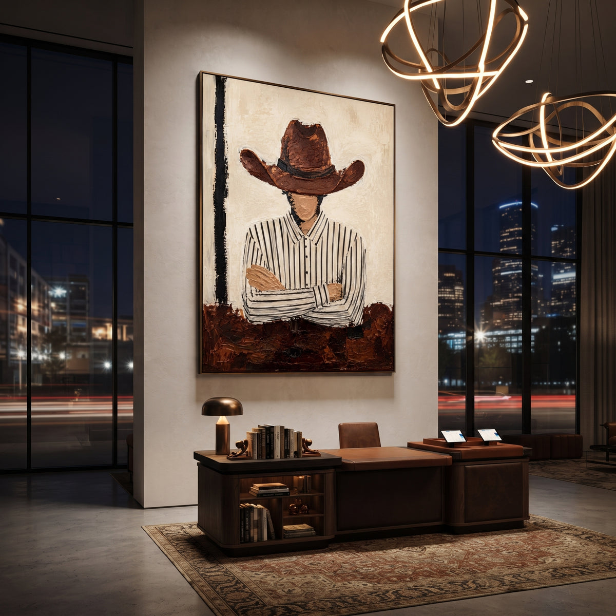 "Arms Crossed Brown Hat Cowboy Painting" focuses on atmosphere, surface movement, and sculptural heavy impasto craftsmanship rather than a fixed literal storyline. The composition uses this hand-painted vertical canvas shows a faceless cowboy standing with crossed arms beneath a broad brown hat as the visual anchor, while layered palette-knife paint, raised plaster-like texture, and softened brush movement create tactile depth across the canvas. Curated with a balanced beige, brown, black