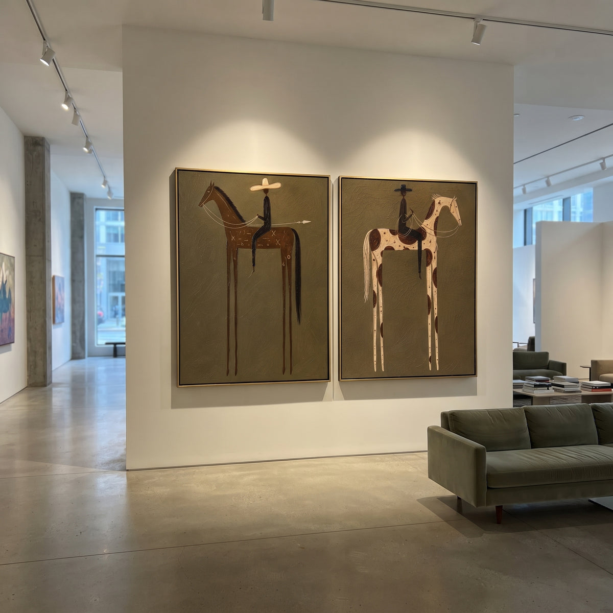 "Two Panel Cowboy Horse Painting" focuses on atmosphere, surface movement, and sculptural heavy impasto craftsmanship rather than a fixed literal storyline. The composition uses this hand-painted horizontal canvas pairs two framed western horse scenes on an olive green plaster ground as the visual anchor, while layered palette-knife paint, raised plaster-like texture, and softened brush movement create tactile depth across the canvas. Curated with a balanced green, brown, beige palette, the