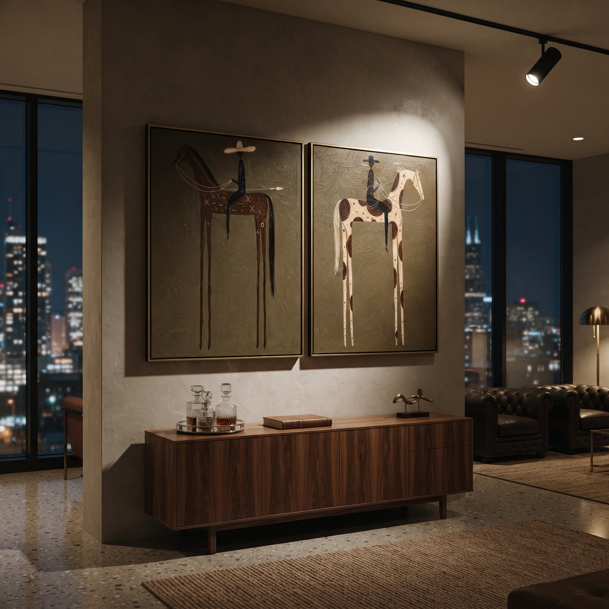 "Two Panel Cowboy Horse Painting" focuses on atmosphere, surface movement, and sculptural heavy impasto craftsmanship rather than a fixed literal storyline. The composition uses this hand-painted horizontal canvas pairs two framed western horse scenes on an olive green plaster ground as the visual anchor, while layered palette-knife paint, raised plaster-like texture, and softened brush movement create tactile depth across the canvas. Curated with a balanced green, brown, beige palette, the