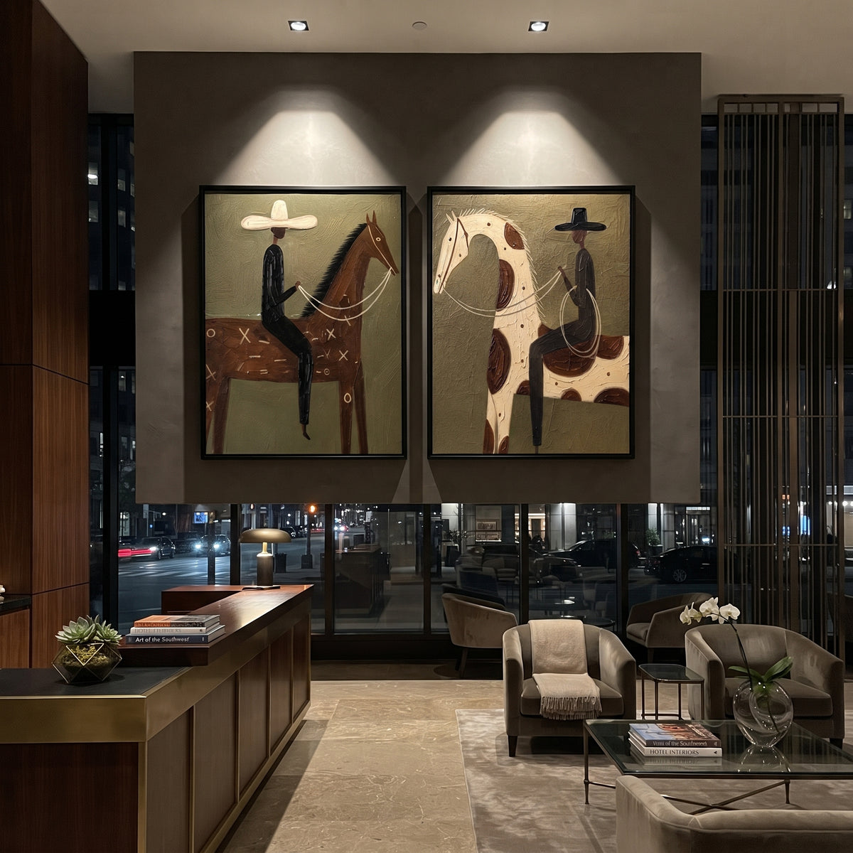 "Dual Horse Rider Canvas Painting" focuses on atmosphere, surface movement, and sculptural heavy impasto craftsmanship rather than a fixed literal storyline. The composition uses this hand-painted horizontal canvas shows two adjacent western rider-and-horse paintings: one brown horse with a pale-hatted rider and one spotted cream horse with a black-hatted rider as the visual anchor, while layered palette-knife paint, raised plaster-like texture, and softened brush movement create tactile depth