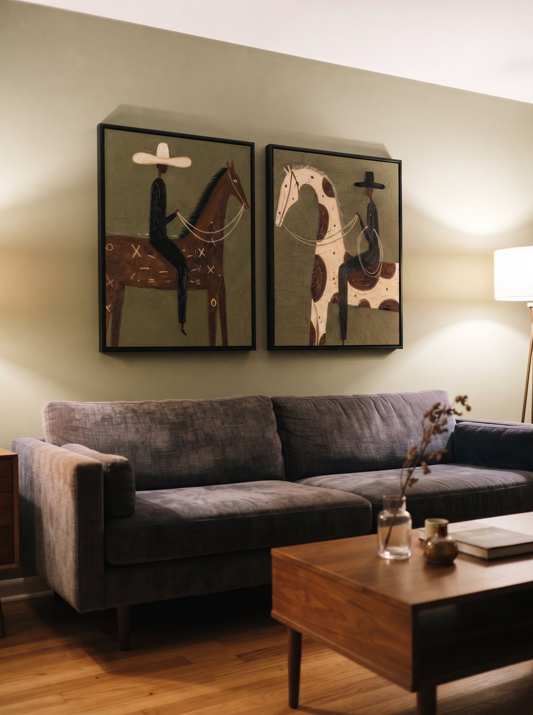 "Dual Horse Rider Canvas Painting" focuses on atmosphere, surface movement, and sculptural heavy impasto craftsmanship rather than a fixed literal storyline. The composition uses this hand-painted horizontal canvas shows two adjacent western rider-and-horse paintings: one brown horse with a pale-hatted rider and one spotted cream horse with a black-hatted rider as the visual anchor, while layered palette-knife paint, raised plaster-like texture, and softened brush movement create tactile depth