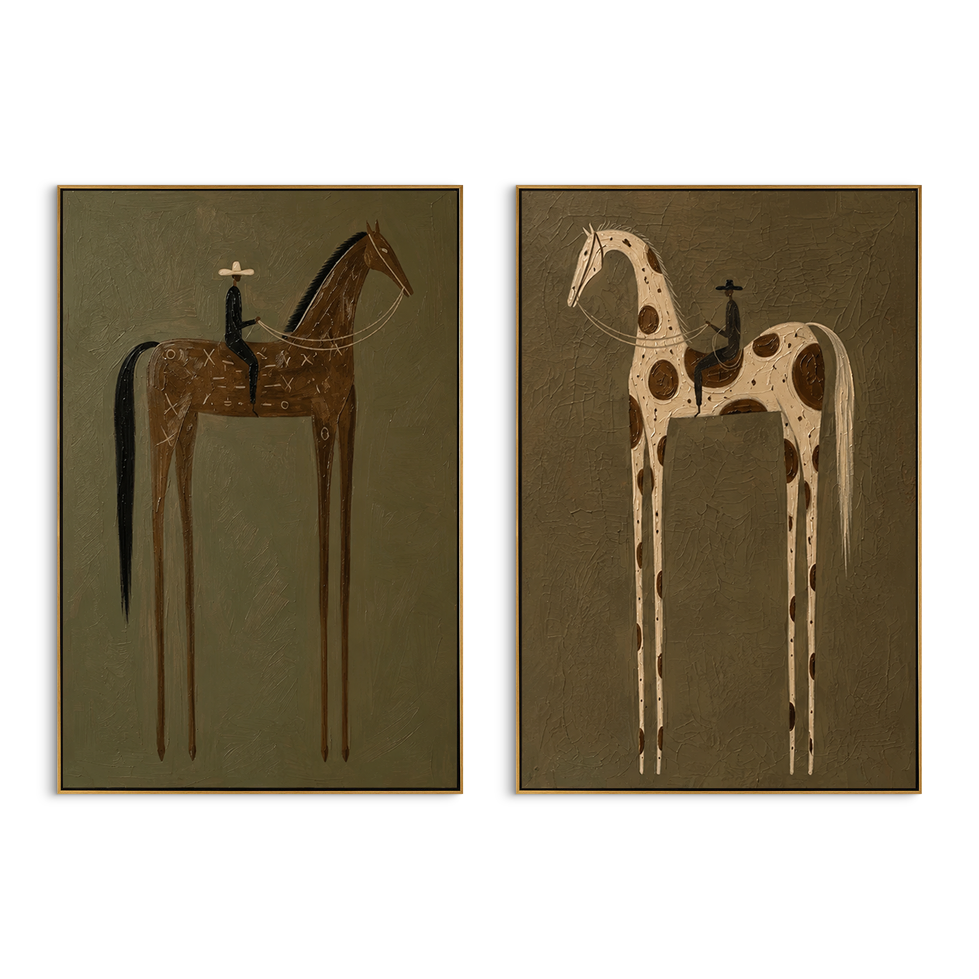 "Olive Two Horse Rider Painting" focuses on atmosphere, surface movement, and sculptural heavy impasto craftsmanship rather than a fixed literal storyline. The composition uses this hand-painted horizontal canvas presents two side-by-side western rider paintings on an olive plaster background as the visual anchor, while layered palette-knife paint, raised plaster-like texture, and softened brush movement create tactile depth across the canvas. Curated with a balanced green, brown, beige palette