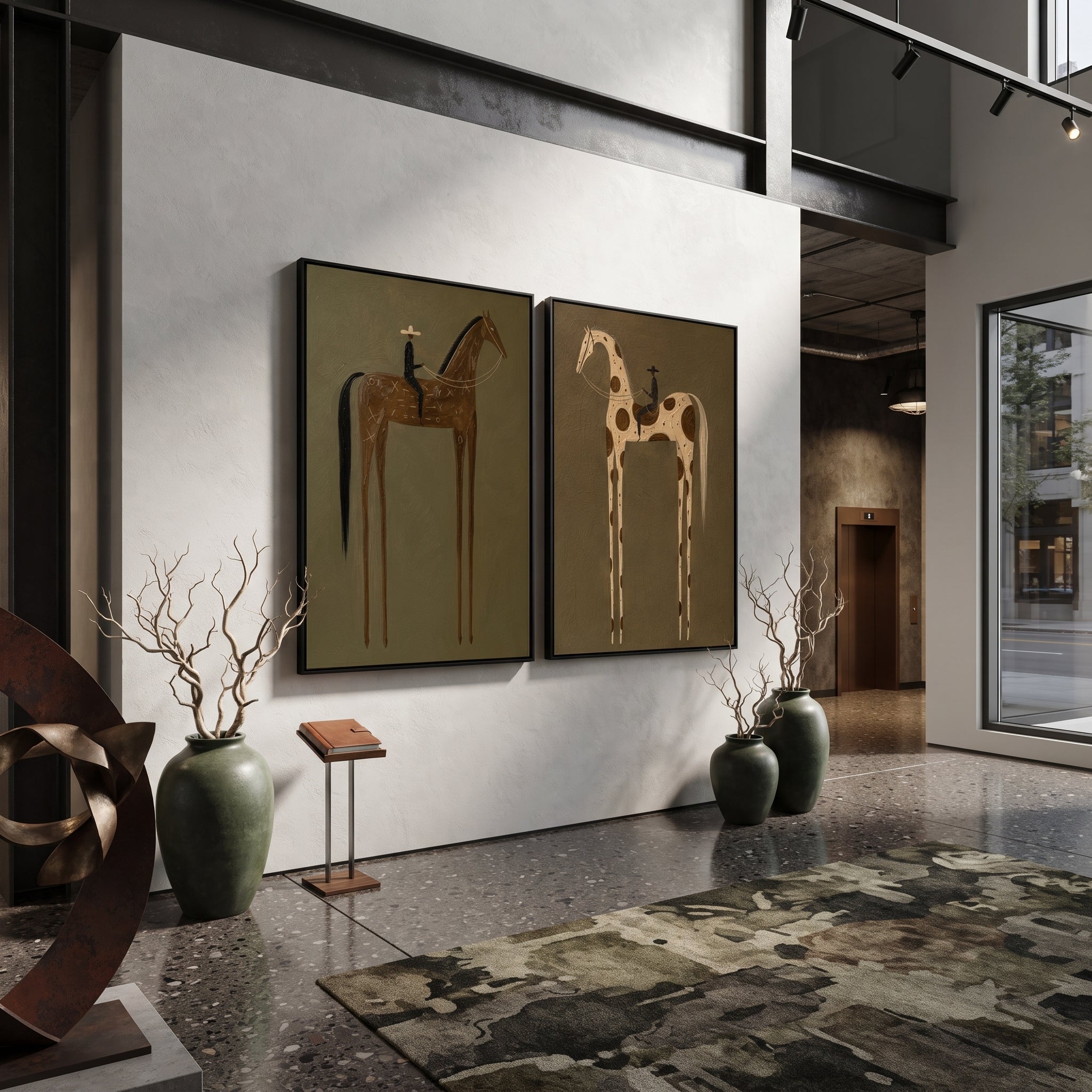 "Olive Two Horse Rider Painting" focuses on atmosphere, surface movement, and sculptural heavy impasto craftsmanship rather than a fixed literal storyline. The composition uses this hand-painted horizontal canvas presents two side-by-side western rider paintings on an olive plaster background as the visual anchor, while layered palette-knife paint, raised plaster-like texture, and softened brush movement create tactile depth across the canvas. Curated with a balanced green, brown, beige palette