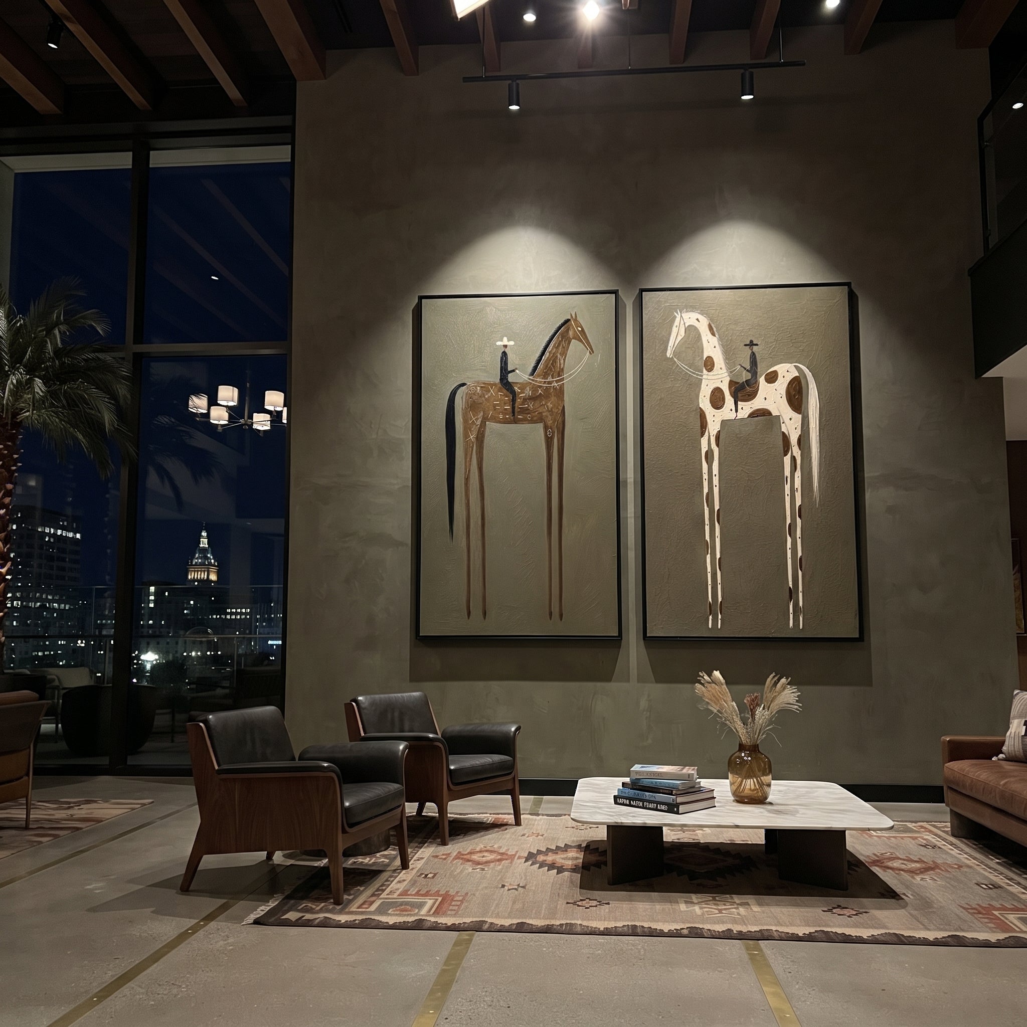 "Olive Two Horse Rider Painting" focuses on atmosphere, surface movement, and sculptural heavy impasto craftsmanship rather than a fixed literal storyline. The composition uses this hand-painted horizontal canvas presents two side-by-side western rider paintings on an olive plaster background as the visual anchor, while layered palette-knife paint, raised plaster-like texture, and softened brush movement create tactile depth across the canvas. Curated with a balanced green, brown, beige palette