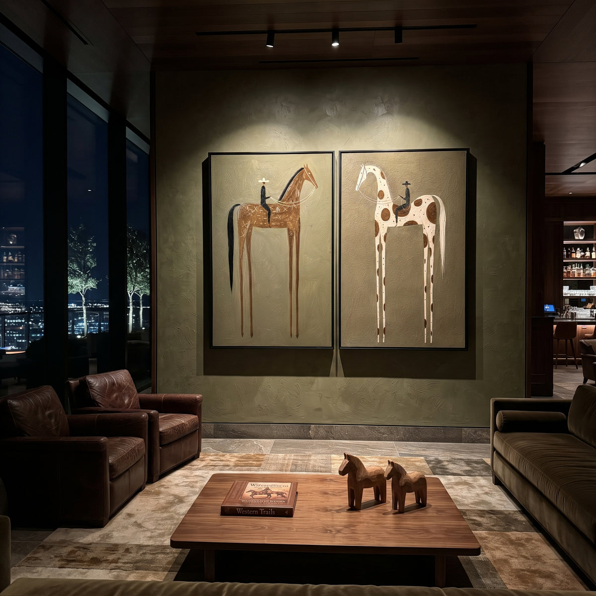 "Olive Two Horse Rider Painting" focuses on atmosphere, surface movement, and sculptural heavy impasto craftsmanship rather than a fixed literal storyline. The composition uses this hand-painted horizontal canvas presents two side-by-side western rider paintings on an olive plaster background as the visual anchor, while layered palette-knife paint, raised plaster-like texture, and softened brush movement create tactile depth across the canvas. Curated with a balanced green, brown, beige palette