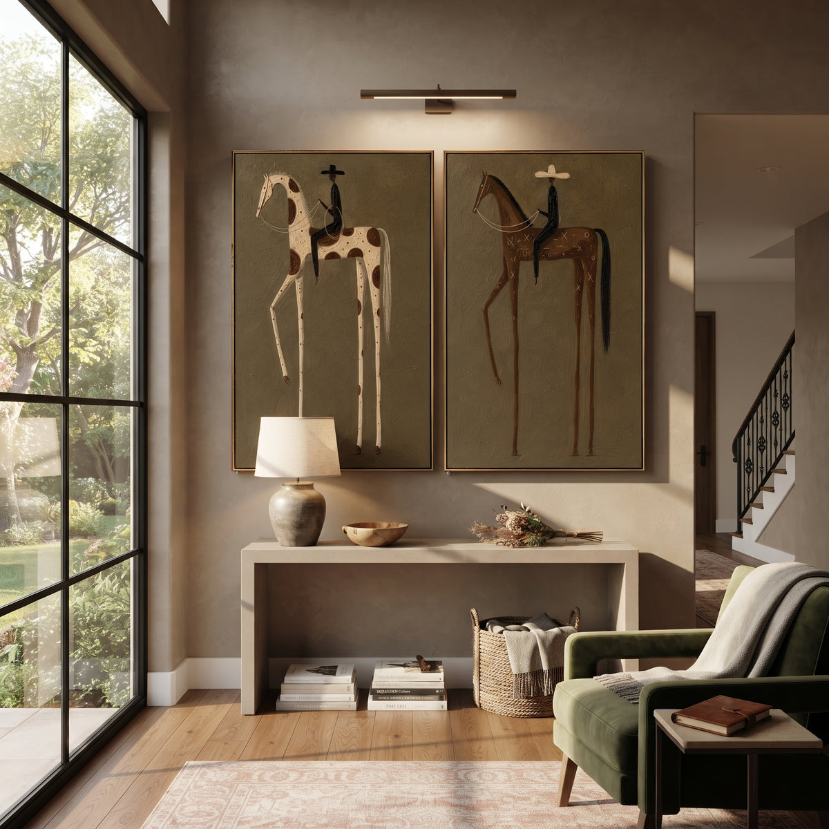 "Minimal Cowboy Horse Pair Painting" focuses on atmosphere, surface movement, and sculptural heavy impasto craftsmanship rather than a fixed literal storyline. The composition uses this hand-painted horizontal canvas shows two adjacent minimal western horse portraits on a muted green plaster field as the visual anchor, while layered palette-knife paint, raised plaster-like texture, and softened brush movement create tactile depth across the canvas. Curated with a balanced green, brown, beige