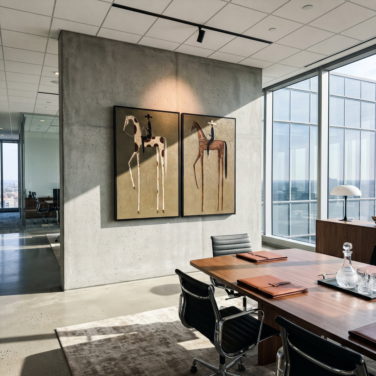 "Minimal Cowboy Horse Pair Painting" focuses on atmosphere, surface movement, and sculptural heavy impasto craftsmanship rather than a fixed literal storyline. The composition uses this hand-painted horizontal canvas shows two adjacent minimal western horse portraits on a muted green plaster field as the visual anchor, while layered palette-knife paint, raised plaster-like texture, and softened brush movement create tactile depth across the canvas. Curated with a balanced green, brown, beige