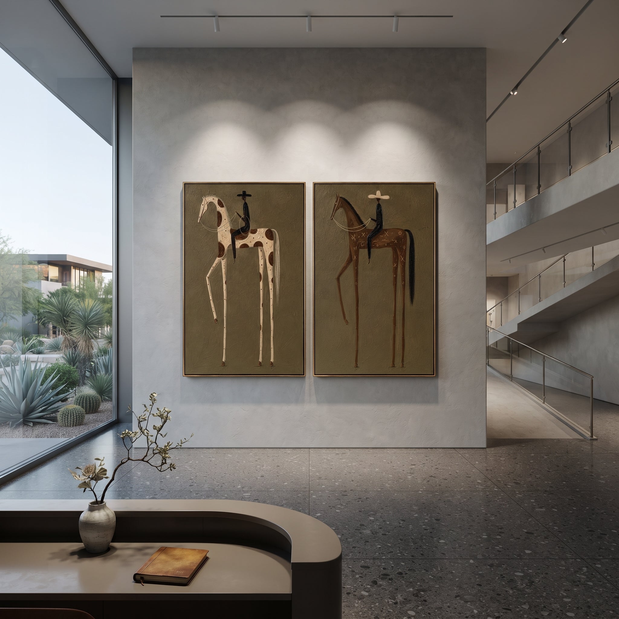 "Minimal Cowboy Horse Pair Painting" focuses on atmosphere, surface movement, and sculptural heavy impasto craftsmanship rather than a fixed literal storyline. The composition uses this hand-painted horizontal canvas shows two adjacent minimal western horse portraits on a muted green plaster field as the visual anchor, while layered palette-knife paint, raised plaster-like texture, and softened brush movement create tactile depth across the canvas. Curated with a balanced green, brown, beige