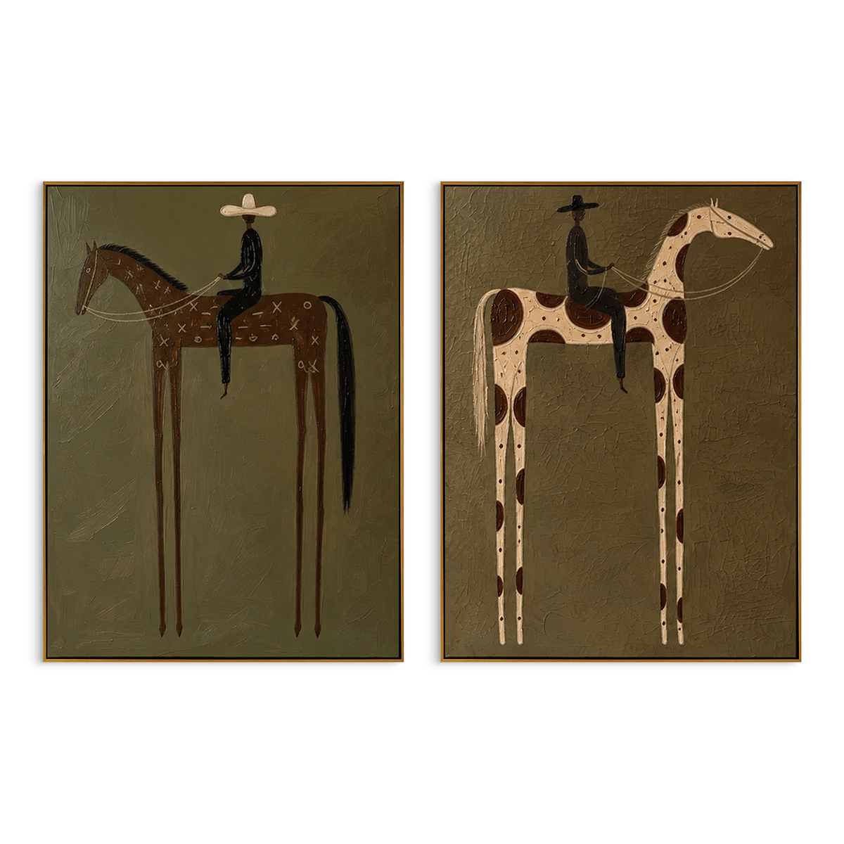 "Tall Horse Rider Duo Painting" focuses on atmosphere, surface movement, and sculptural heavy impasto craftsmanship rather than a fixed literal storyline. The composition uses this hand-painted horizontal canvas pairs two tall horse-and-rider studies, one brown horse and one spotted cream horse, both set against a rough olive background as the visual anchor, while layered palette-knife paint, raised plaster-like texture, and softened brush movement create tactile depth across the canvas. Curated