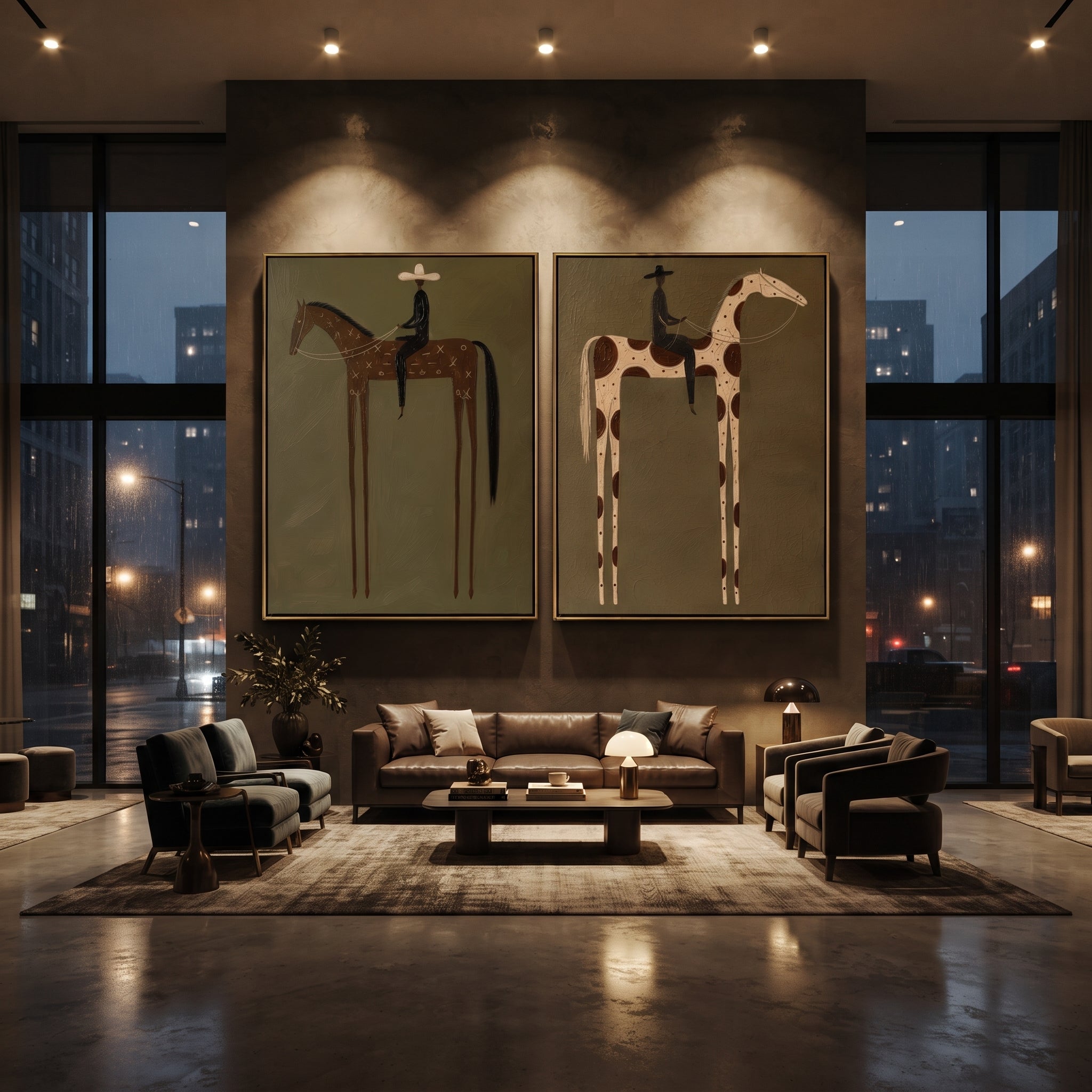 "Tall Horse Rider Duo Painting" focuses on atmosphere, surface movement, and sculptural heavy impasto craftsmanship rather than a fixed literal storyline. The composition uses this hand-painted horizontal canvas pairs two tall horse-and-rider studies, one brown horse and one spotted cream horse, both set against a rough olive background as the visual anchor, while layered palette-knife paint, raised plaster-like texture, and softened brush movement create tactile depth across the canvas. Curated