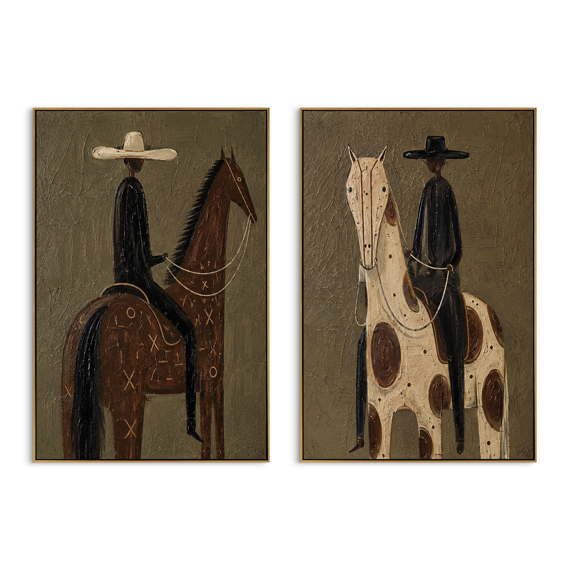 "Side By Side Ranch Horse Painting" focuses on atmosphere, surface movement, and sculptural heavy impasto craftsmanship rather than a fixed literal storyline. The composition uses this hand-painted horizontal canvas displays two ranch-style horse rider panels with olive green textured backgrounds as the visual anchor, while layered palette-knife paint, raised plaster-like texture, and softened brush movement create tactile depth across the canvas. Curated with a balanced green, brown, beige