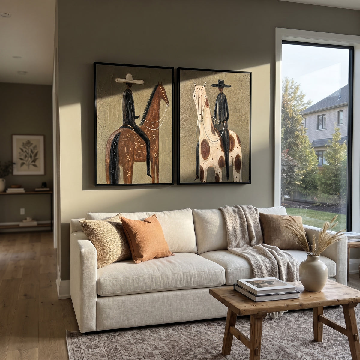 "Side By Side Ranch Horse Painting" focuses on atmosphere, surface movement, and sculptural heavy impasto craftsmanship rather than a fixed literal storyline. The composition uses this hand-painted horizontal canvas displays two ranch-style horse rider panels with olive green textured backgrounds as the visual anchor, while layered palette-knife paint, raised plaster-like texture, and softened brush movement create tactile depth across the canvas. Curated with a balanced green, brown, beige