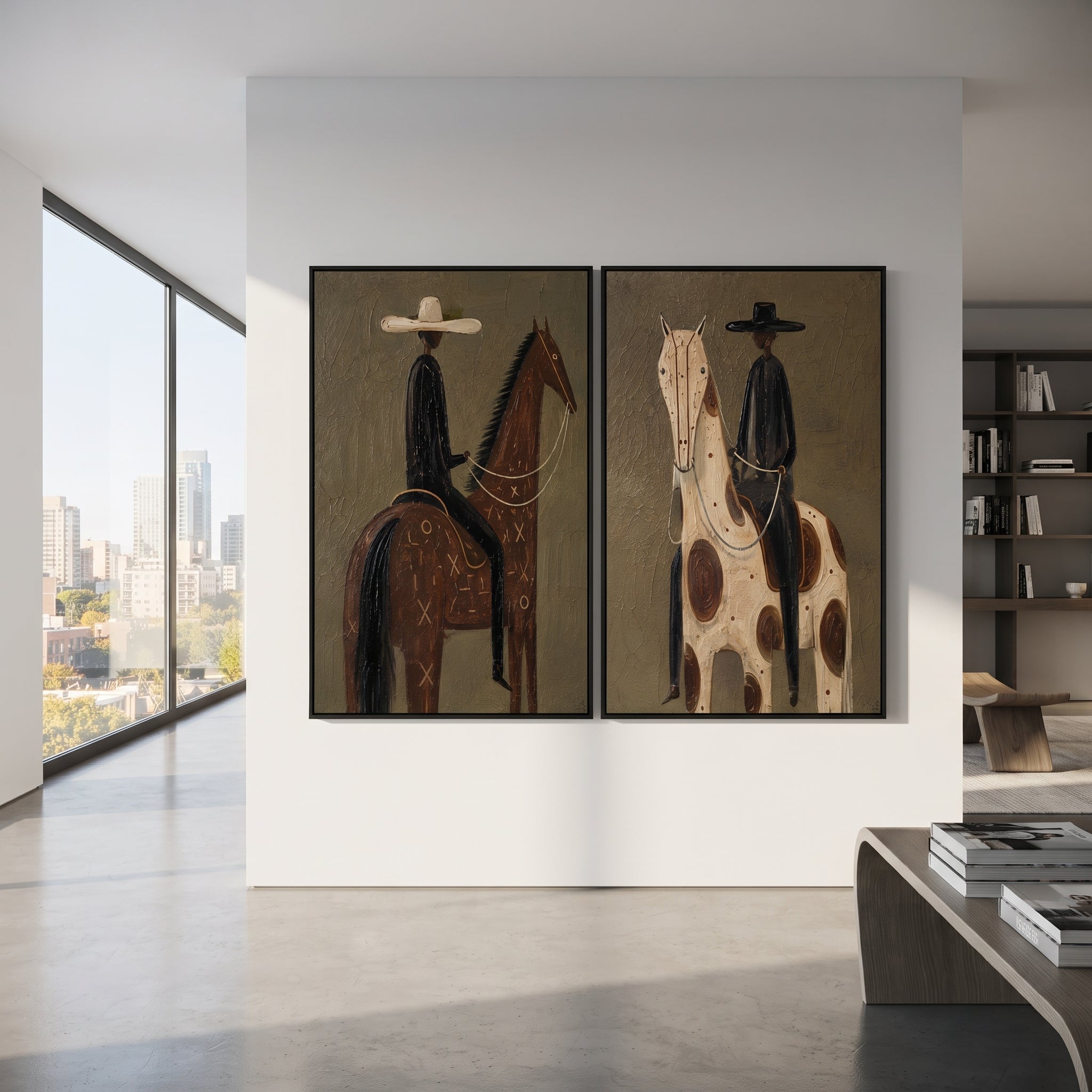 "Side By Side Ranch Horse Painting" focuses on atmosphere, surface movement, and sculptural heavy impasto craftsmanship rather than a fixed literal storyline. The composition uses this hand-painted horizontal canvas displays two ranch-style horse rider panels with olive green textured backgrounds as the visual anchor, while layered palette-knife paint, raised plaster-like texture, and softened brush movement create tactile depth across the canvas. Curated with a balanced green, brown, beige