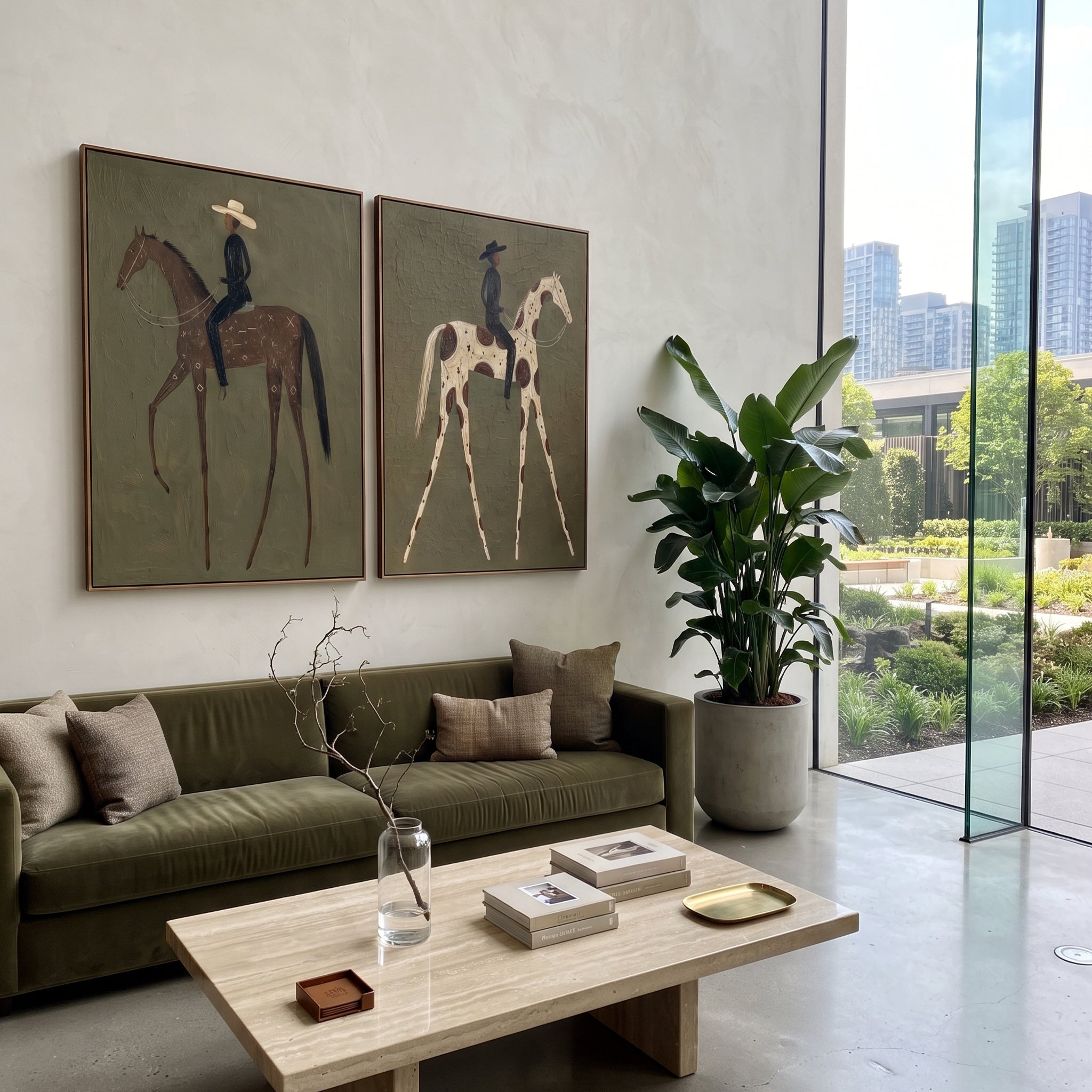 "Paired Slim Rider Horses Painting" focuses on atmosphere, surface movement, and sculptural heavy impasto craftsmanship rather than a fixed literal storyline. The composition uses this hand-painted horizontal canvas shows two adjacent western horse-and-rider panels on an olive plaster ground as the visual anchor, while layered palette-knife paint, raised plaster-like texture, and softened brush movement create tactile depth across the canvas. Curated with a balanced green, brown, beige palette