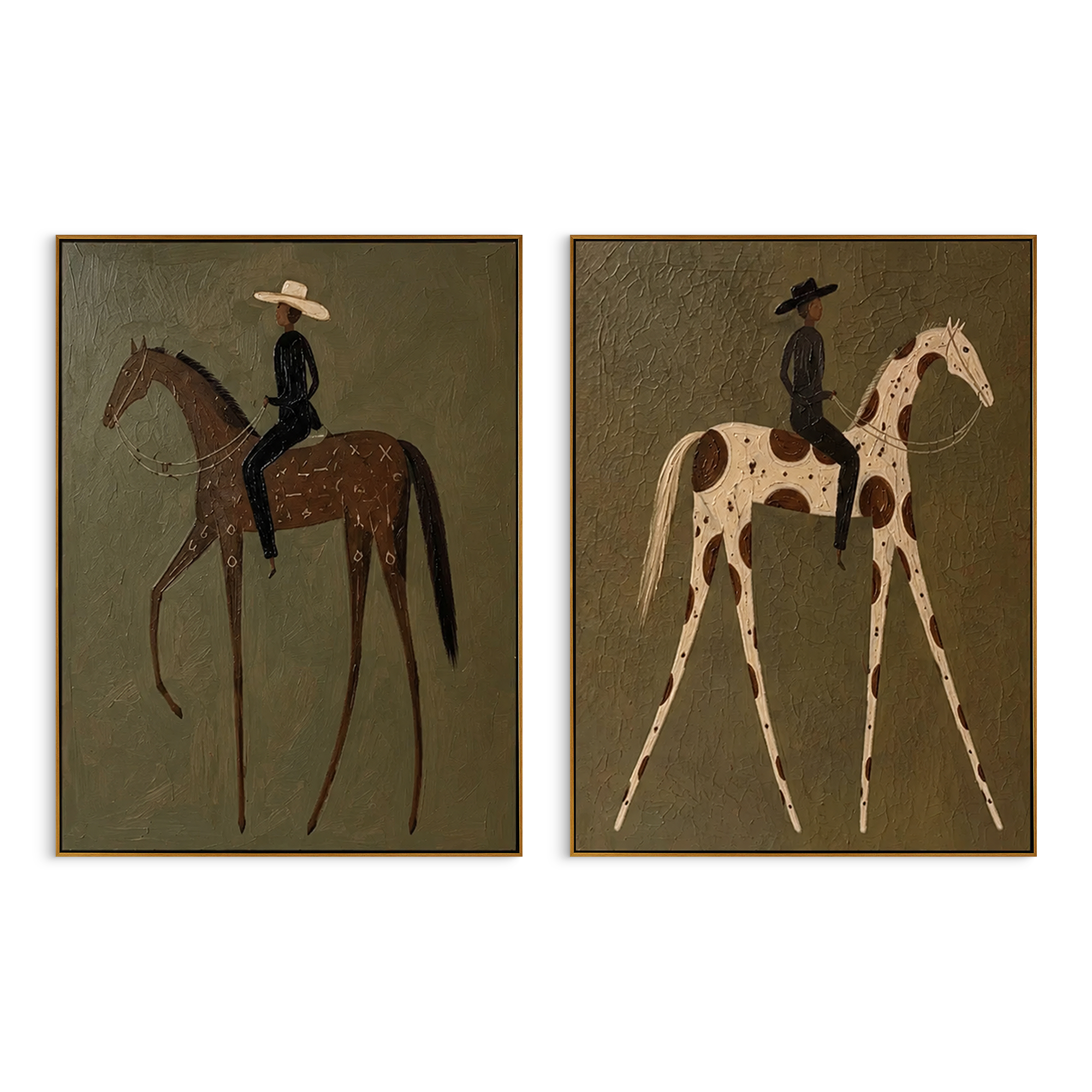 "Paired Slim Rider Horses Painting" focuses on atmosphere, surface movement, and sculptural heavy impasto craftsmanship rather than a fixed literal storyline. The composition uses this hand-painted horizontal canvas shows two adjacent western horse-and-rider panels on an olive plaster ground as the visual anchor, while layered palette-knife paint, raised plaster-like texture, and softened brush movement create tactile depth across the canvas. Curated with a balanced green, brown, beige palette