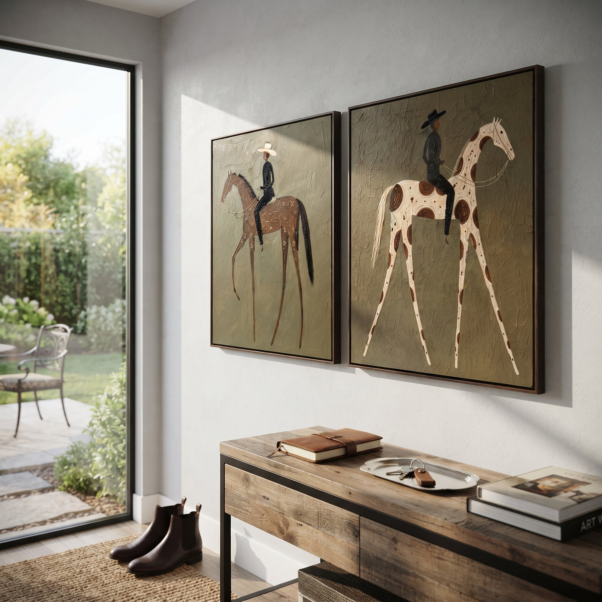 "Paired Slim Rider Horses Painting" focuses on atmosphere, surface movement, and sculptural heavy impasto craftsmanship rather than a fixed literal storyline. The composition uses this hand-painted horizontal canvas shows two adjacent western horse-and-rider panels on an olive plaster ground as the visual anchor, while layered palette-knife paint, raised plaster-like texture, and softened brush movement create tactile depth across the canvas. Curated with a balanced green, brown, beige palette