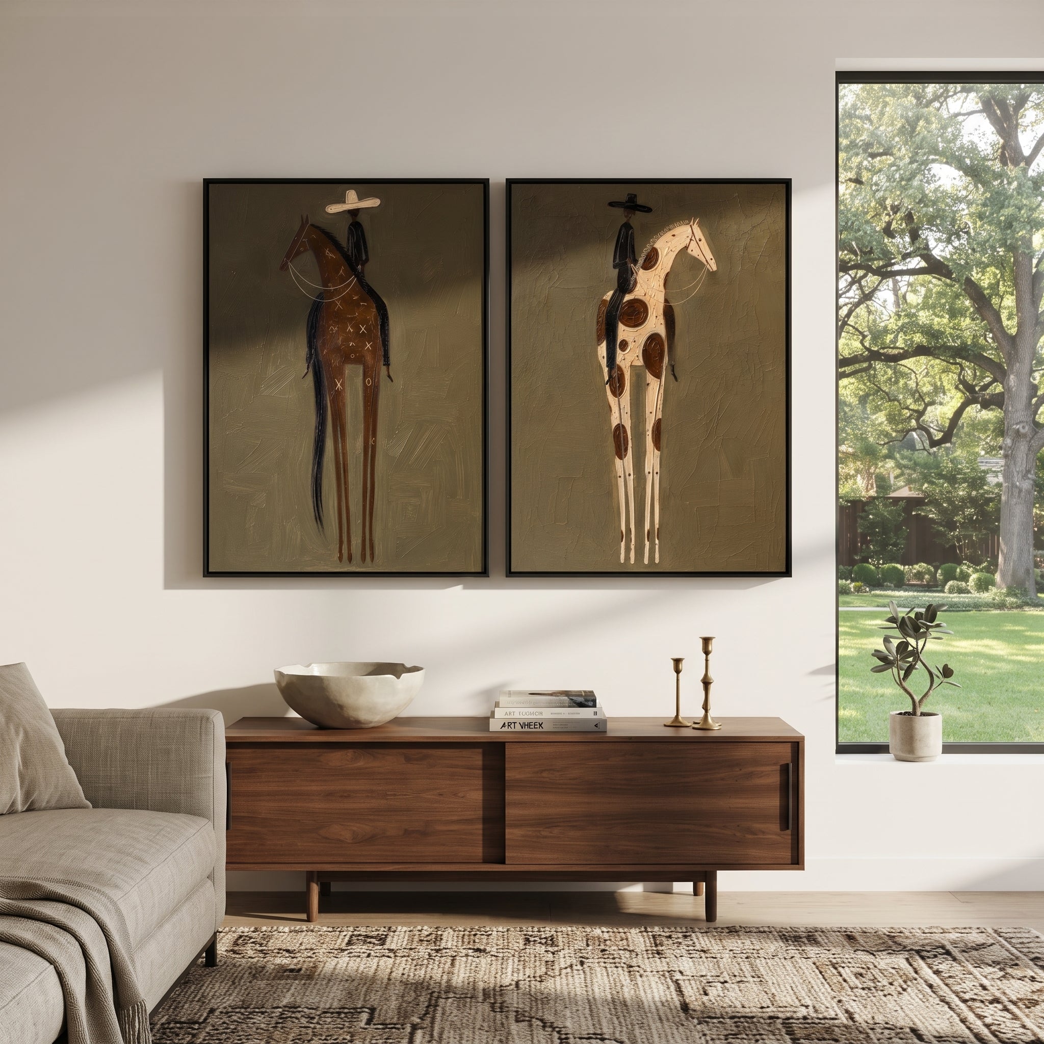 "Tall Spotted Horse Duo Painting" focuses on atmosphere, surface movement, and sculptural heavy impasto craftsmanship rather than a fixed literal storyline. The composition uses this hand-painted horizontal canvas pairs two tall western horse panels, alternating brown and cream spotted horses with slim riders in pale and black hats as the visual anchor, while layered palette-knife paint, raised plaster-like texture, and softened brush movement create tactile depth across the canvas. Curated with