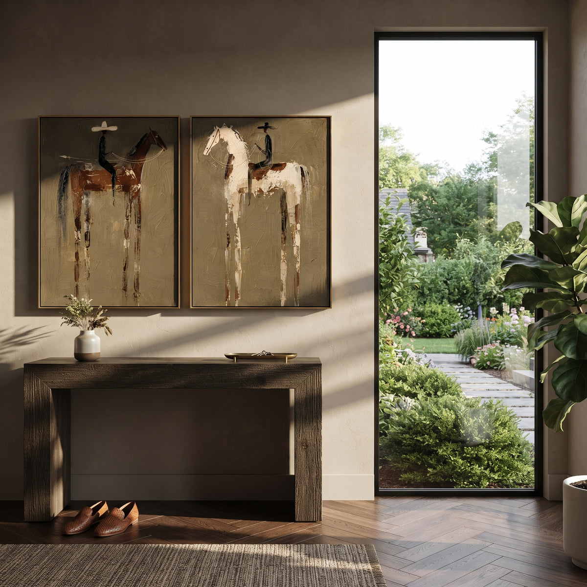 "Quiet Ranch Horse Diptych Painting" focuses on atmosphere, surface movement, and sculptural heavy impasto craftsmanship rather than a fixed literal storyline. The composition uses this hand-painted horizontal canvas presents two quiet ranch horse portraits side by side on a textured olive field as the visual anchor, while layered palette-knife paint, raised plaster-like texture, and softened brush movement create tactile depth across the canvas. Curated with a balanced green, brown, beige