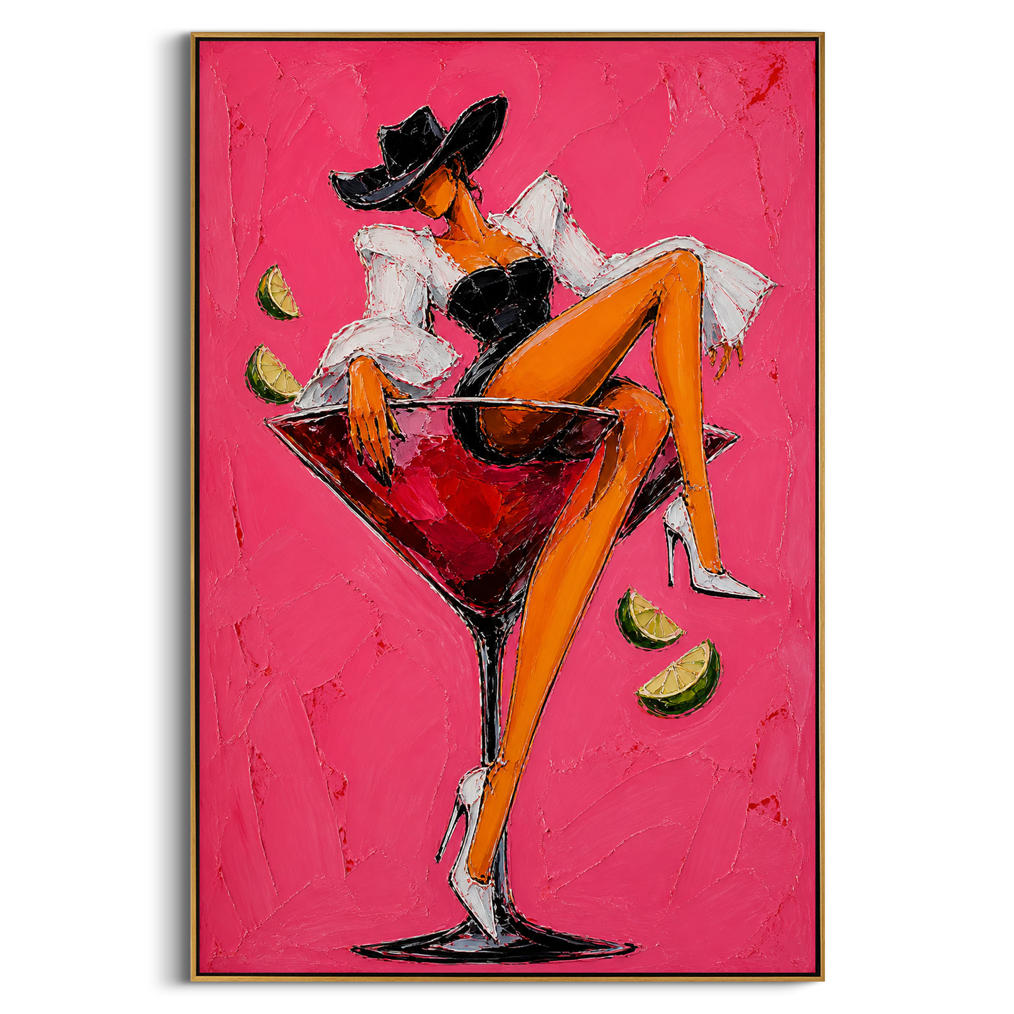 "Black Corset Martini Cowgirl Painting" focuses on atmosphere, surface movement, and sculptural heavy impasto craftsmanship rather than a fixed literal storyline. The composition uses this hand-painted vertical canvas features a cowgirl in a black hat and black corset lounging inside a red martini glass against a bright pink plaster background as the visual anchor, while layered palette-knife paint, raised plaster-like texture, and softened brush movement create tactile depth across the canvas.