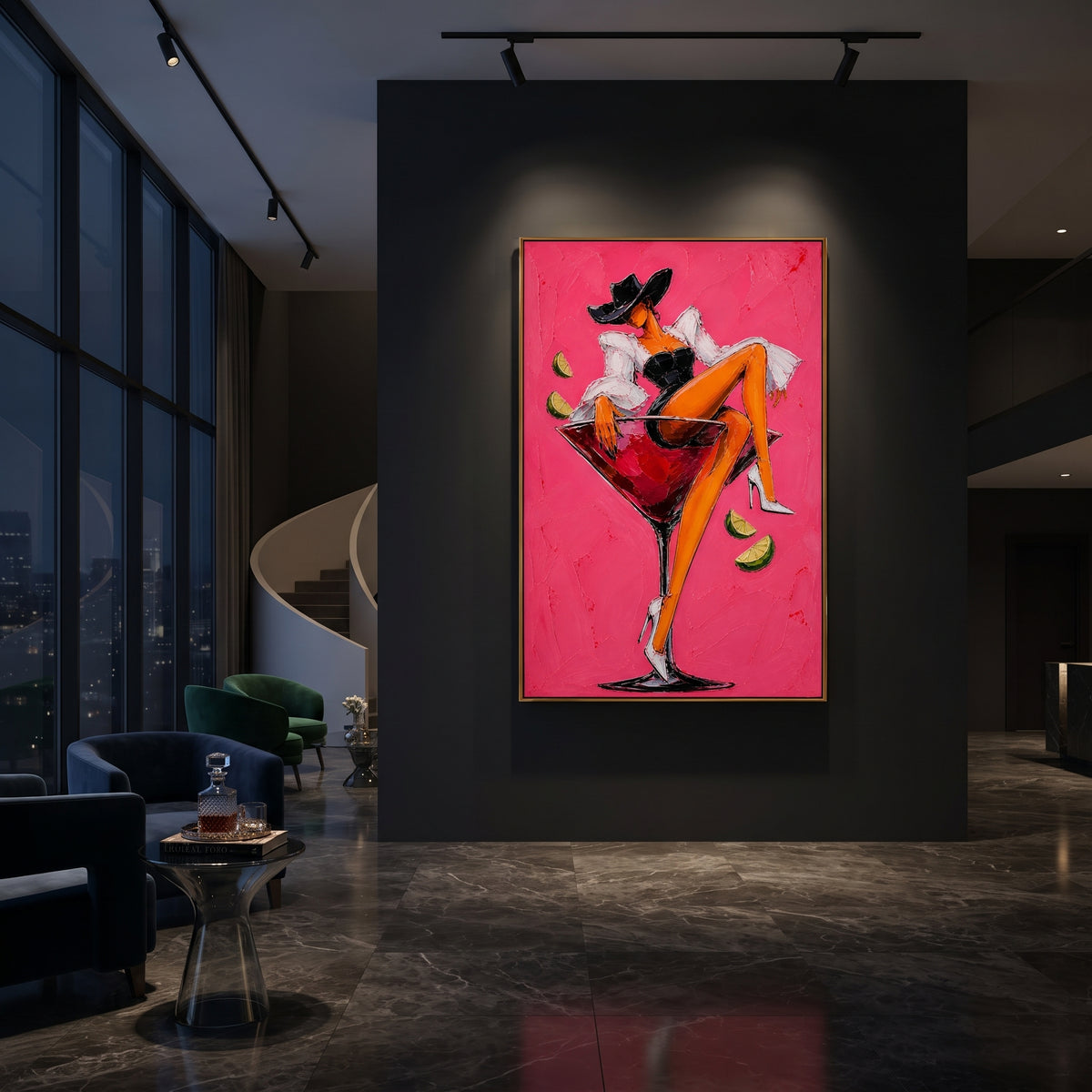 "Black Corset Martini Cowgirl Painting" focuses on atmosphere, surface movement, and sculptural heavy impasto craftsmanship rather than a fixed literal storyline. The composition uses this hand-painted vertical canvas features a cowgirl in a black hat and black corset lounging inside a red martini glass against a bright pink plaster background as the visual anchor, while layered palette-knife paint, raised plaster-like texture, and softened brush movement create tactile depth across the canvas.