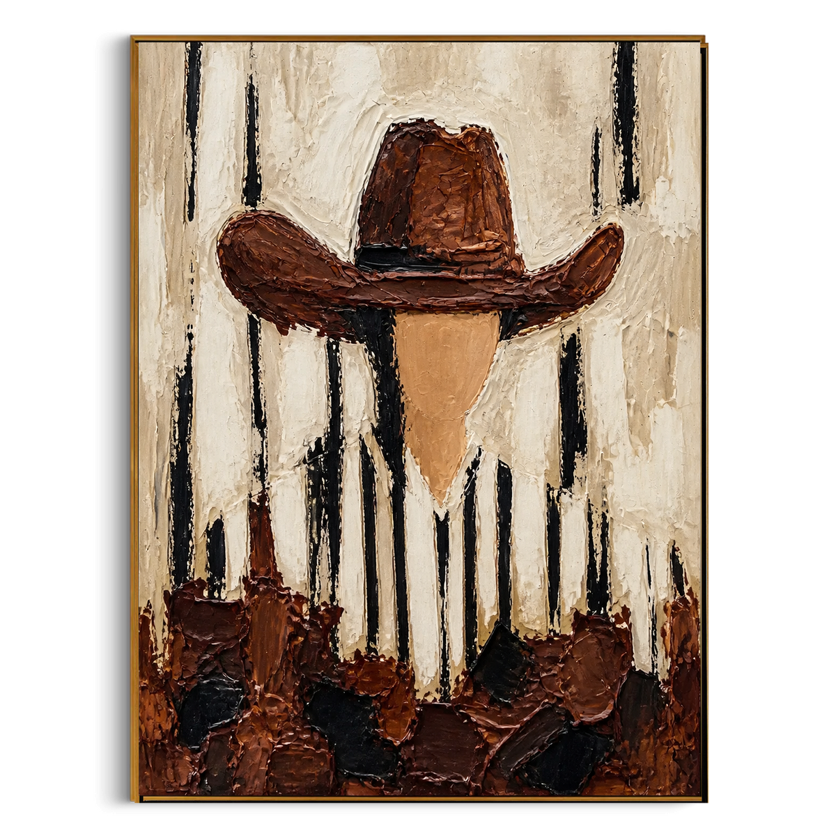 "Vertical Stripe Brown Hat Portrait Painting" focuses on atmosphere, surface movement, and sculptural heavy impasto craftsmanship rather than a fixed literal storyline. The composition uses this hand-painted vertical canvas shows a faceless western portrait under a broad brown hat, with black vertical marks falling through the cream striped shirt and background as the visual anchor, while layered palette-knife paint, raised plaster-like texture, and softened brush movement create tactile depth