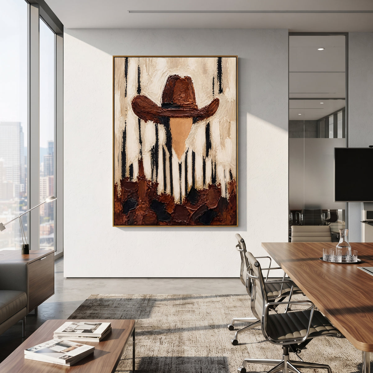 "Vertical Stripe Brown Hat Portrait Painting" focuses on atmosphere, surface movement, and sculptural heavy impasto craftsmanship rather than a fixed literal storyline. The composition uses this hand-painted vertical canvas shows a faceless western portrait under a broad brown hat, with black vertical marks falling through the cream striped shirt and background as the visual anchor, while layered palette-knife paint, raised plaster-like texture, and softened brush movement create tactile depth