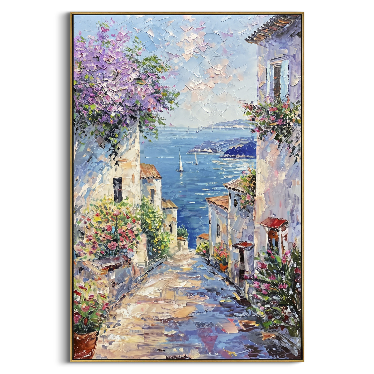 "Cliffside Coastal Vista PT 1567" focuses on atmosphere, surface movement, and sculptural heavy impasto craftsmanship rather than a fixed literal storyline. The composition uses this hand-painted Mediterranean canvas features steep coastal cliffs, hillside village, deep blue water, floral foreground, textured sky, built with raised palette-knife texture, layered brushwork, and luminous coastal color as the visual anchor, while layered palette-knife paint, raised plaster-like texture, and