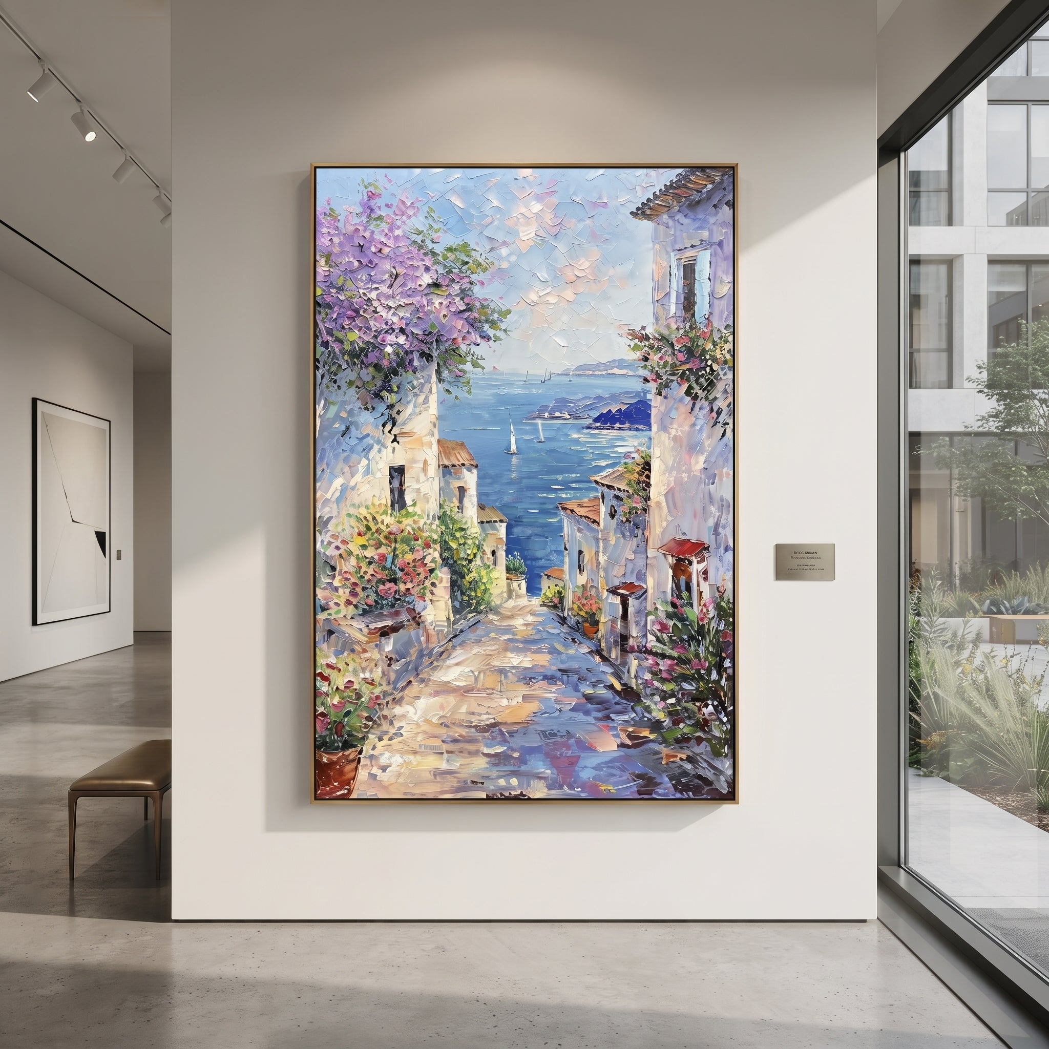 "Cliffside Coastal Vista PT 1567" focuses on atmosphere, surface movement, and sculptural heavy impasto craftsmanship rather than a fixed literal storyline. The composition uses this hand-painted Mediterranean canvas features steep coastal cliffs, hillside village, deep blue water, floral foreground, textured sky, built with raised palette-knife texture, layered brushwork, and luminous coastal color as the visual anchor, while layered palette-knife paint, raised plaster-like texture, and