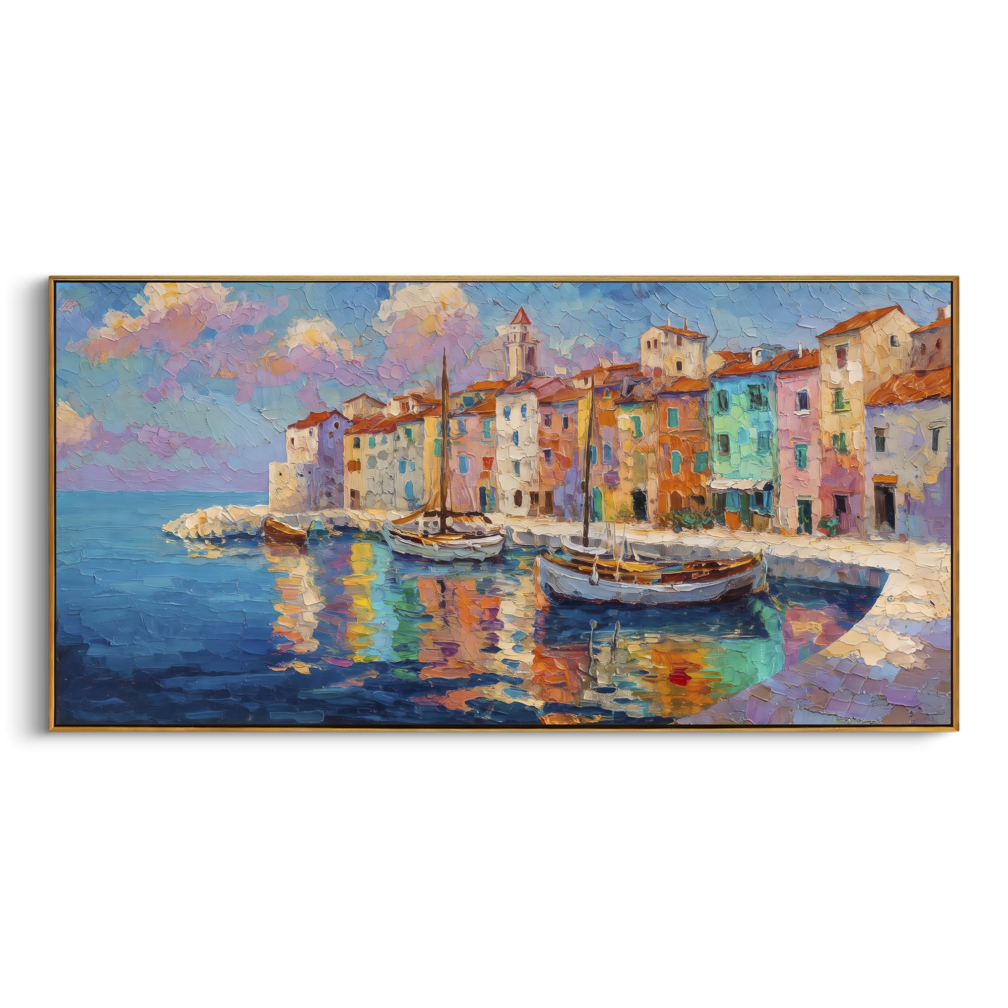 "Harbor Village Reflections PT 1568" focuses on atmosphere, surface movement, and sculptural heavy impasto craftsmanship rather than a fixed literal storyline. The composition uses this hand-painted Mediterranean canvas features colorful waterfront houses, moored boats, shimmering blue harbor reflections, pastel sky, built with raised palette-knife texture, layered brushwork, and luminous coastal color as the visual anchor, while layered palette-knife paint, raised plaster-like texture, and