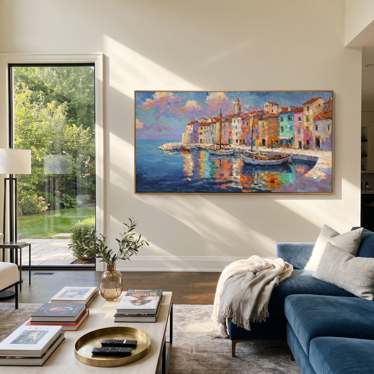 "Harbor Village Reflections PT 1568" focuses on atmosphere, surface movement, and sculptural heavy impasto craftsmanship rather than a fixed literal storyline. The composition uses this hand-painted Mediterranean canvas features colorful waterfront houses, moored boats, shimmering blue harbor reflections, pastel sky, built with raised palette-knife texture, layered brushwork, and luminous coastal color as the visual anchor, while layered palette-knife paint, raised plaster-like texture, and