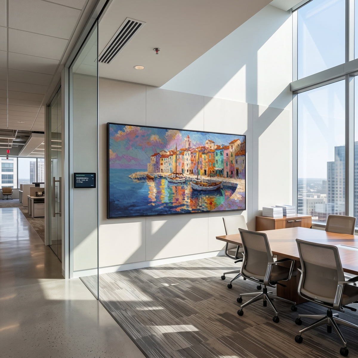 "Harbor Village Reflections PT 1568" focuses on atmosphere, surface movement, and sculptural heavy impasto craftsmanship rather than a fixed literal storyline. The composition uses this hand-painted Mediterranean canvas features colorful waterfront houses, moored boats, shimmering blue harbor reflections, pastel sky, built with raised palette-knife texture, layered brushwork, and luminous coastal color as the visual anchor, while layered palette-knife paint, raised plaster-like texture, and