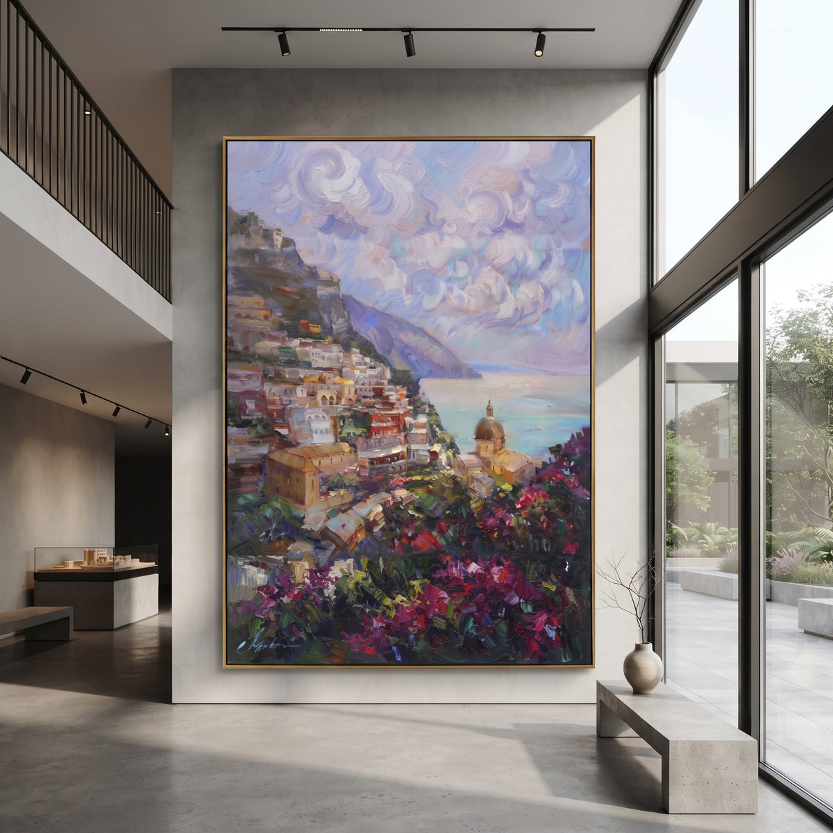 "Sailing Coast Garden PT 1569" focuses on atmosphere, surface movement, and sculptural heavy impasto craftsmanship rather than a fixed literal storyline. The composition uses this hand-painted Mediterranean canvas features sailboats on a blue bay, flowering terrace, coastal town and luminous summer sky, built with raised palette-knife texture, layered brushwork, and luminous coastal color as the visual anchor, while layered palette-knife paint, raised plaster-like texture, and softened brush