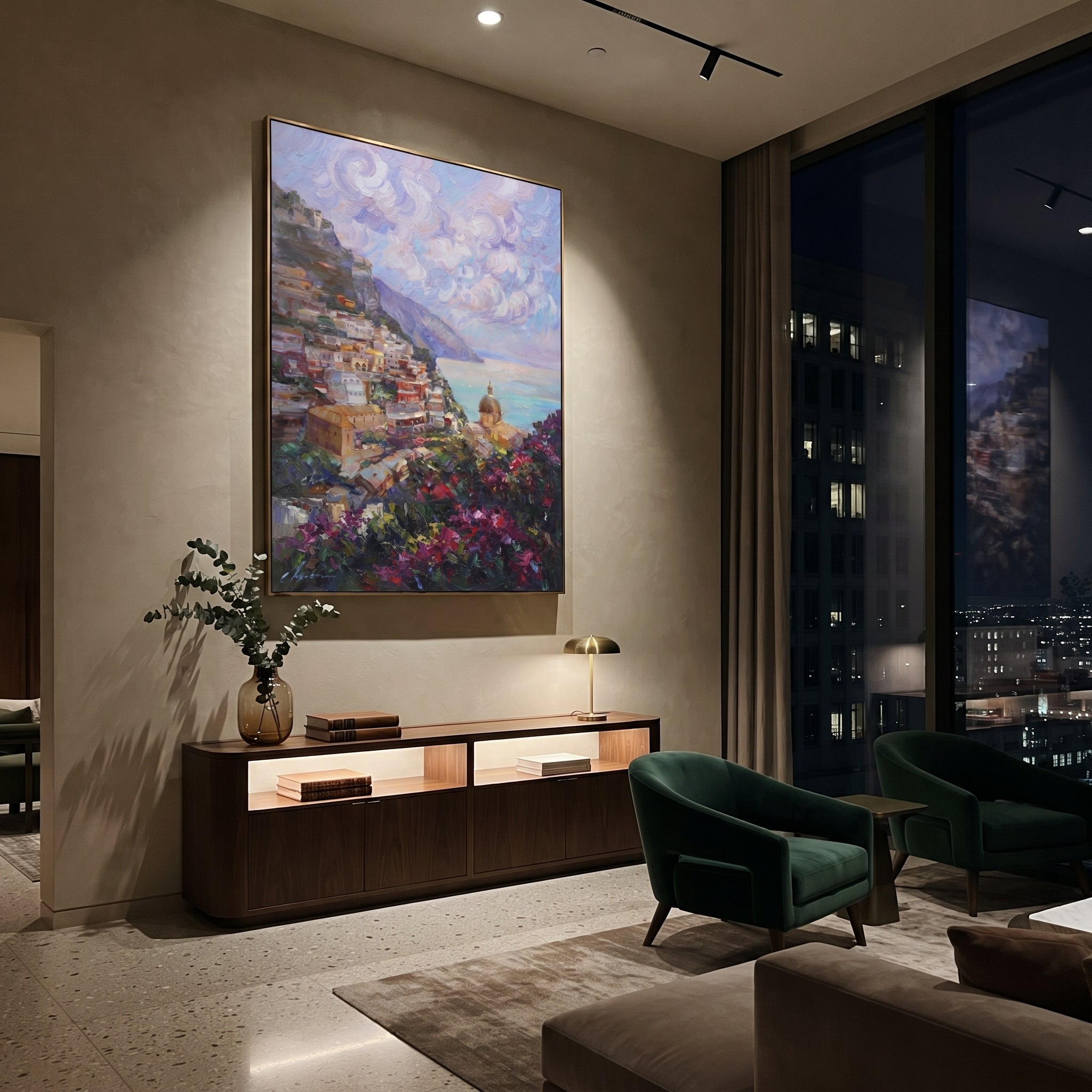 "Sailing Coast Garden PT 1569" focuses on atmosphere, surface movement, and sculptural heavy impasto craftsmanship rather than a fixed literal storyline. The composition uses this hand-painted Mediterranean canvas features sailboats on a blue bay, flowering terrace, coastal town and luminous summer sky, built with raised palette-knife texture, layered brushwork, and luminous coastal color as the visual anchor, while layered palette-knife paint, raised plaster-like texture, and softened brush