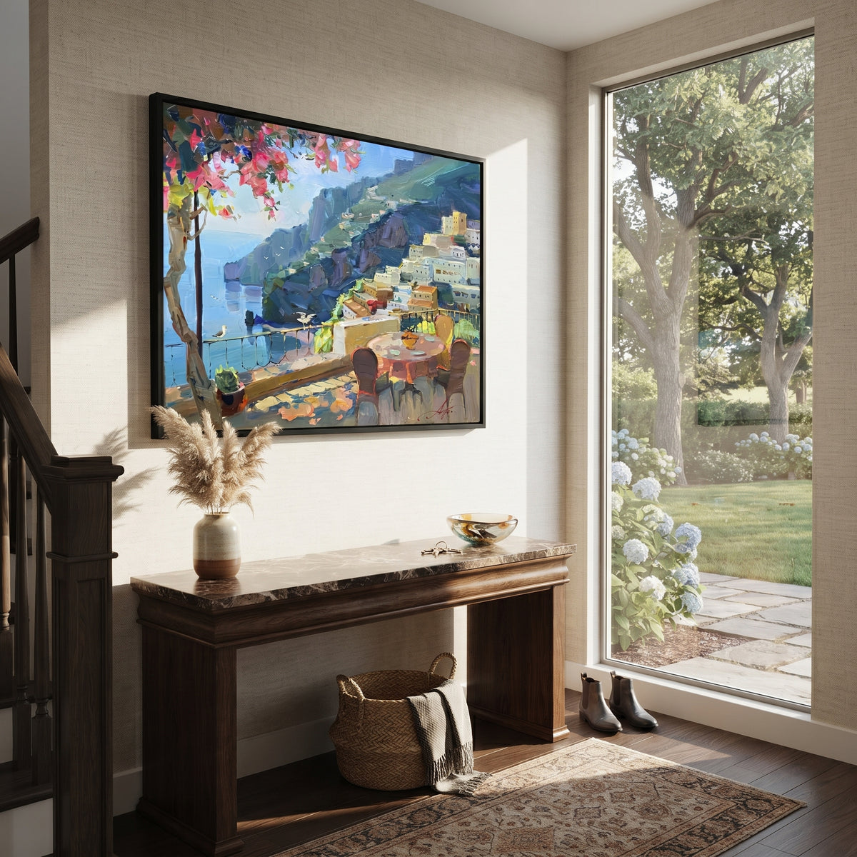 "Sailing Coast Garden PT 1570" focuses on atmosphere, surface movement, and sculptural heavy impasto craftsmanship rather than a fixed literal storyline. The composition uses this hand-painted Mediterranean canvas features sailboats on a blue bay, flowering terrace, coastal town and luminous summer sky, built with raised palette-knife texture, layered brushwork, and luminous coastal color as the visual anchor, while layered palette-knife paint, raised plaster-like texture, and softened brush