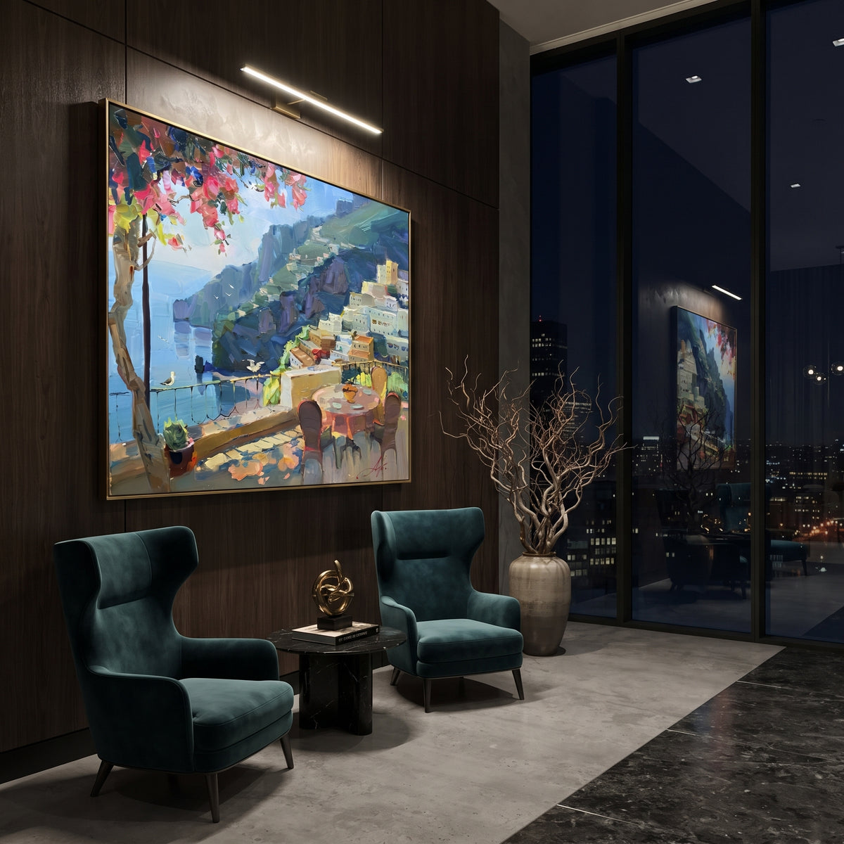 "Sailing Coast Garden PT 1570" focuses on atmosphere, surface movement, and sculptural heavy impasto craftsmanship rather than a fixed literal storyline. The composition uses this hand-painted Mediterranean canvas features sailboats on a blue bay, flowering terrace, coastal town and luminous summer sky, built with raised palette-knife texture, layered brushwork, and luminous coastal color as the visual anchor, while layered palette-knife paint, raised plaster-like texture, and softened brush
