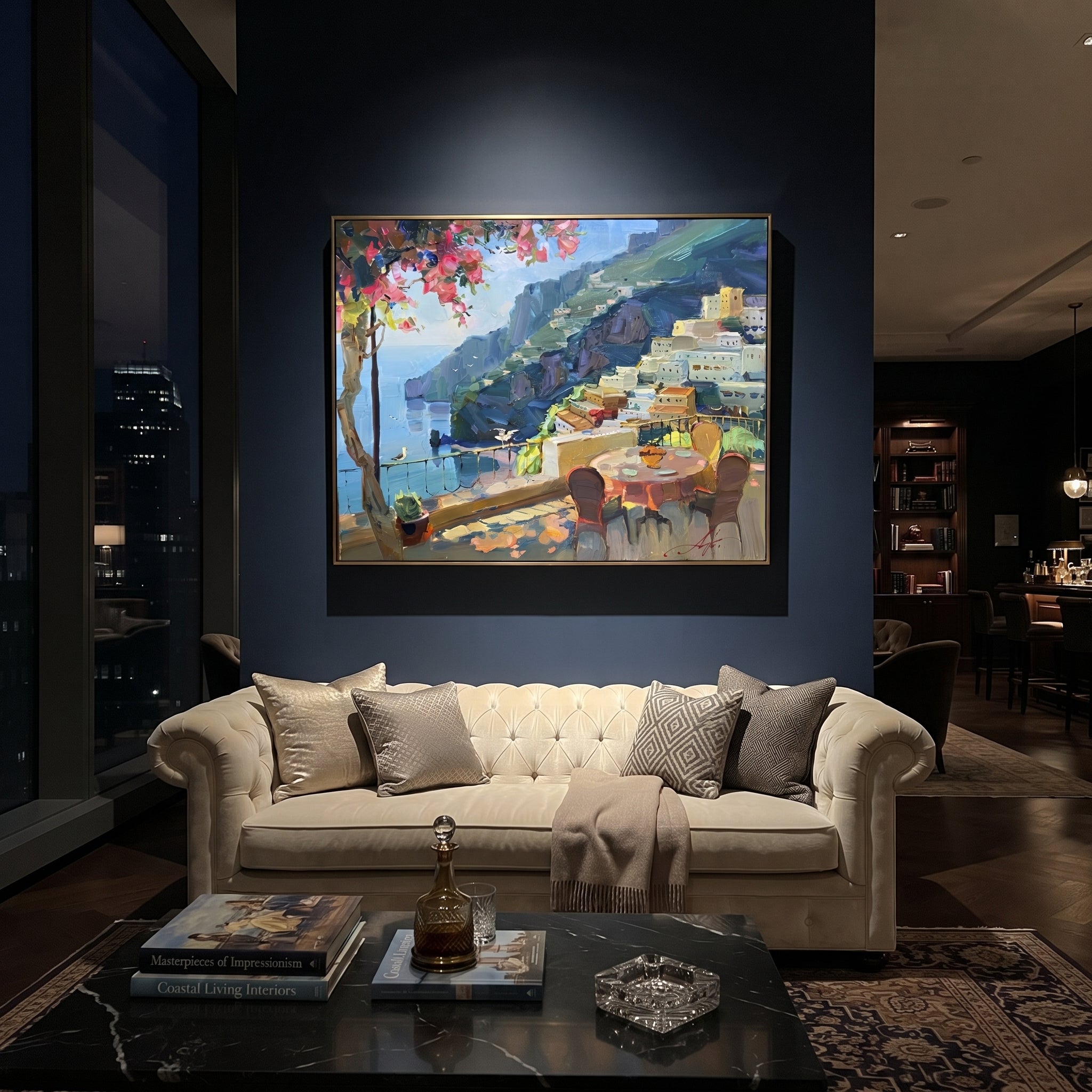 "Sailing Coast Garden PT 1570" focuses on atmosphere, surface movement, and sculptural heavy impasto craftsmanship rather than a fixed literal storyline. The composition uses this hand-painted Mediterranean canvas features sailboats on a blue bay, flowering terrace, coastal town and luminous summer sky, built with raised palette-knife texture, layered brushwork, and luminous coastal color as the visual anchor, while layered palette-knife paint, raised plaster-like texture, and softened brush