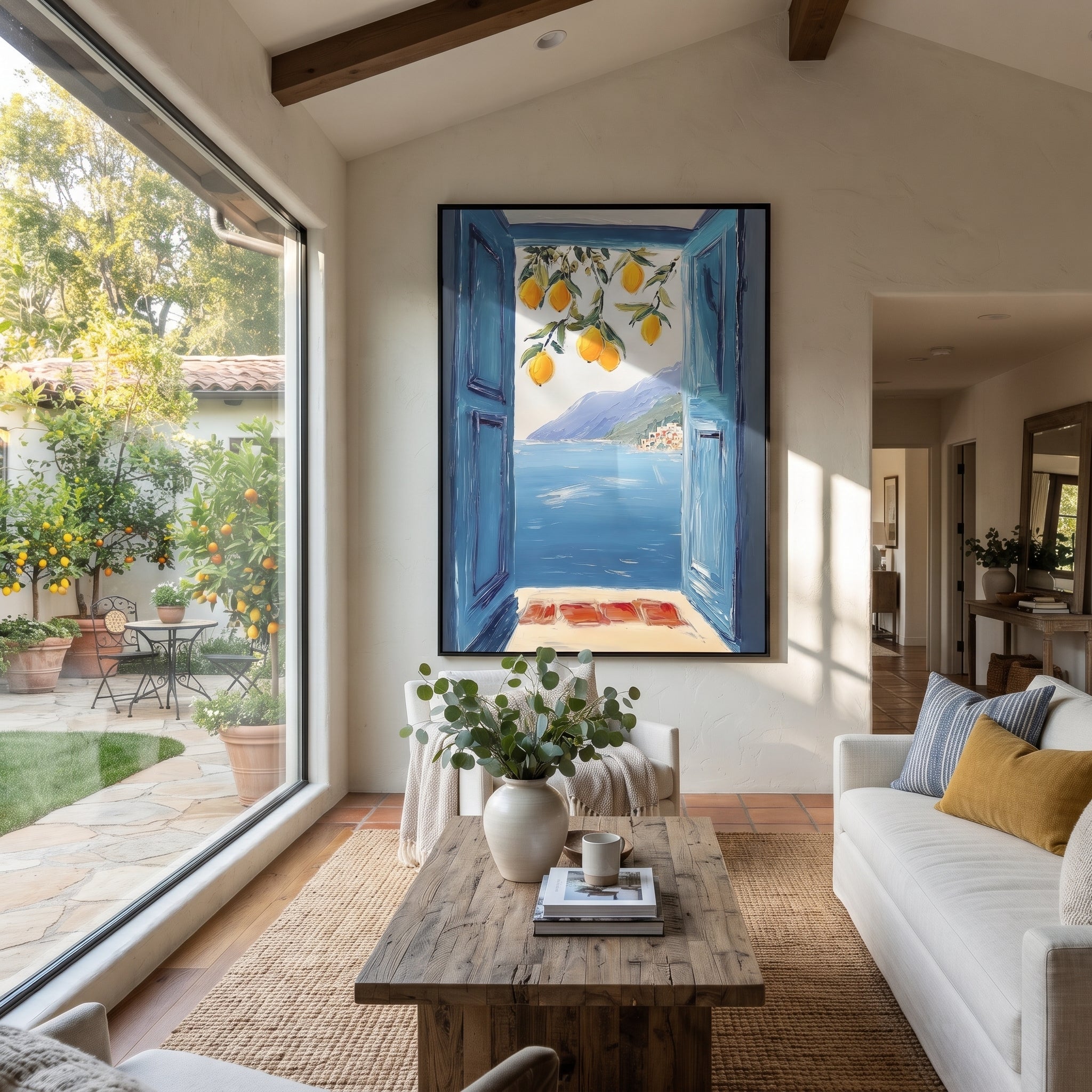 "Lemon Window Seascape PT 1571" focuses on atmosphere, surface movement, and sculptural heavy impasto craftsmanship rather than a fixed literal storyline. The composition uses this hand-painted Mediterranean canvas features open blue shutters, lemon branches, calm sea view, bright white wall and terrace light, built with raised palette-knife texture, layered brushwork, and luminous coastal color as the visual anchor, while layered palette-knife paint, raised plaster-like texture, and softened