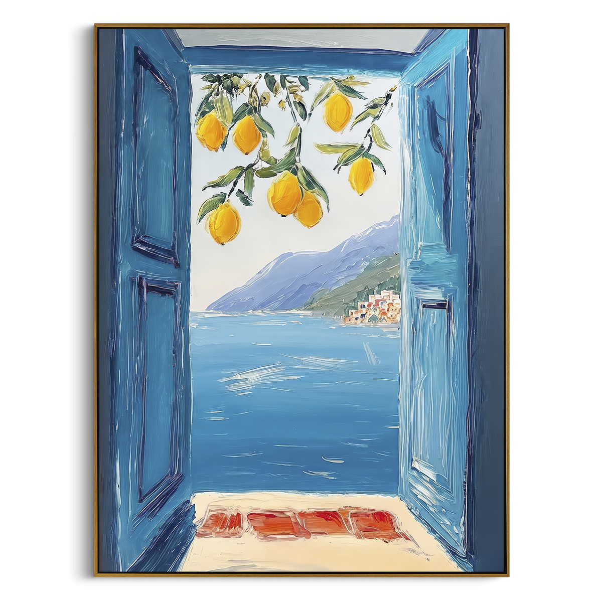 "Lemon Window Seascape PT 1571" focuses on atmosphere, surface movement, and sculptural heavy impasto craftsmanship rather than a fixed literal storyline. The composition uses this hand-painted Mediterranean canvas features open blue shutters, lemon branches, calm sea view, bright white wall and terrace light, built with raised palette-knife texture, layered brushwork, and luminous coastal color as the visual anchor, while layered palette-knife paint, raised plaster-like texture, and softened