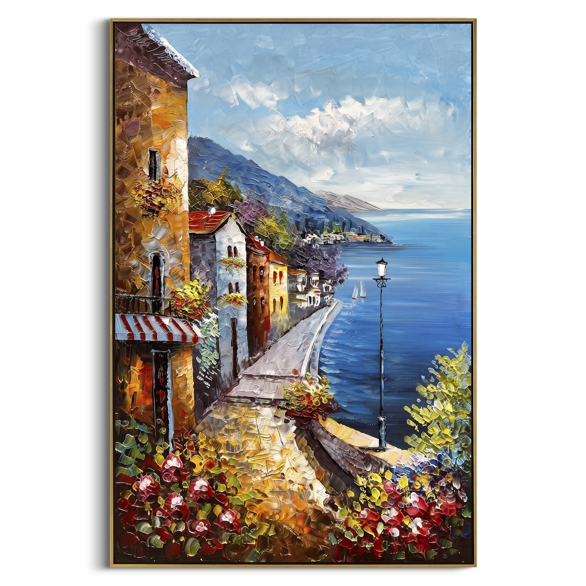 "Cliffside Coastal Vista PT 1572" focuses on atmosphere, surface movement, and sculptural heavy impasto craftsmanship rather than a fixed literal storyline. The composition uses this hand-painted Mediterranean canvas features steep coastal cliffs, hillside village, deep blue water, floral foreground, textured sky, built with raised palette-knife texture, layered brushwork, and luminous coastal color as the visual anchor, while layered palette-knife paint, raised plaster-like texture, and