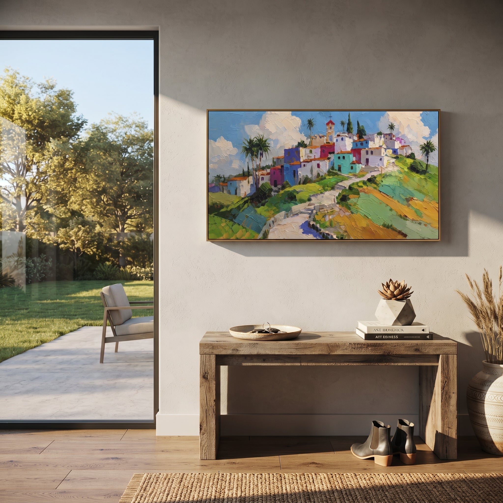 "Harbor Village Reflections PT 1573" focuses on atmosphere, surface movement, and sculptural heavy impasto craftsmanship rather than a fixed literal storyline. The composition uses this hand-painted Mediterranean canvas features colorful waterfront houses, moored boats, shimmering blue harbor reflections, pastel sky, built with raised palette-knife texture, layered brushwork, and luminous coastal color as the visual anchor, while layered palette-knife paint, raised plaster-like texture, and