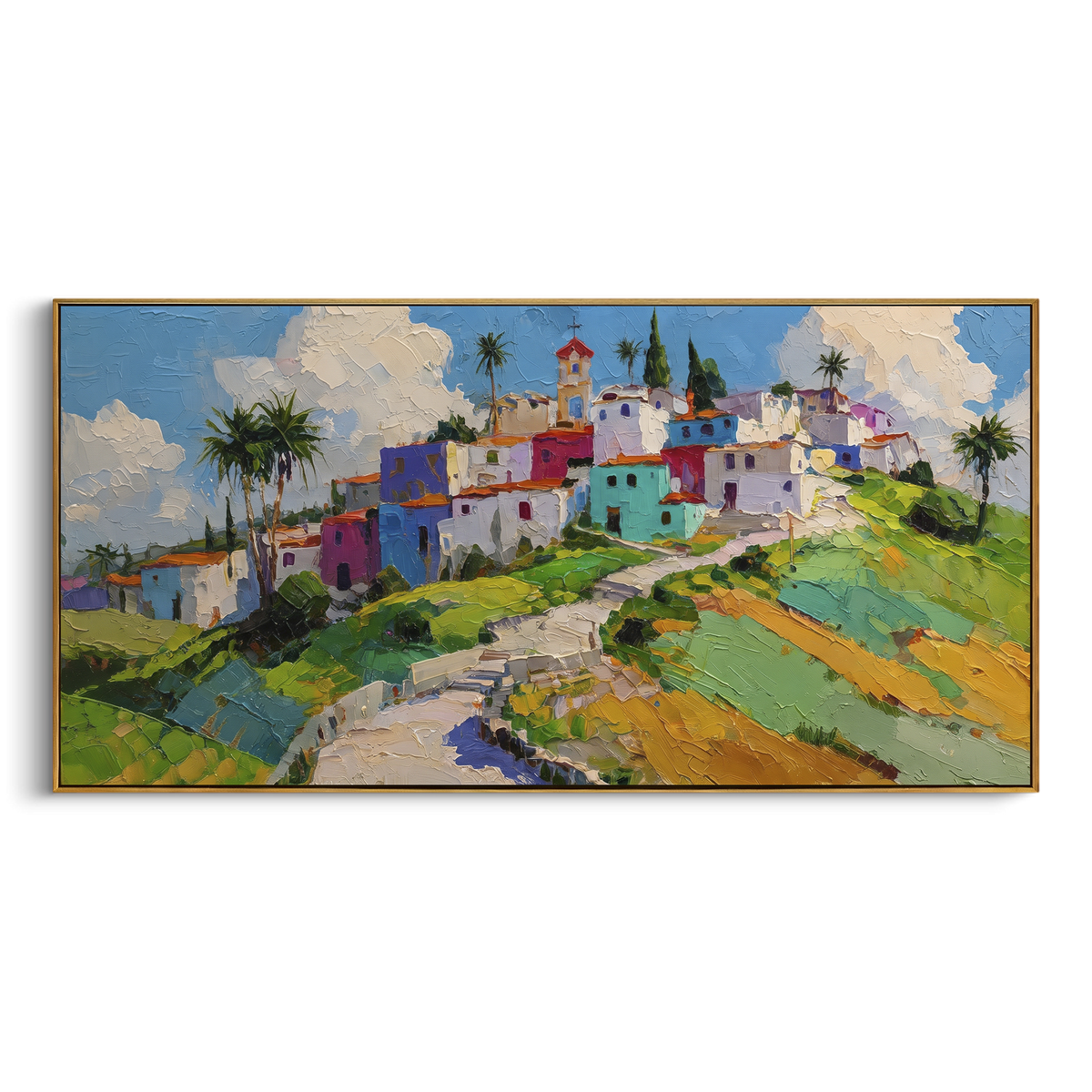 "Harbor Village Reflections PT 1573" focuses on atmosphere, surface movement, and sculptural heavy impasto craftsmanship rather than a fixed literal storyline. The composition uses this hand-painted Mediterranean canvas features colorful waterfront houses, moored boats, shimmering blue harbor reflections, pastel sky, built with raised palette-knife texture, layered brushwork, and luminous coastal color as the visual anchor, while layered palette-knife paint, raised plaster-like texture, and