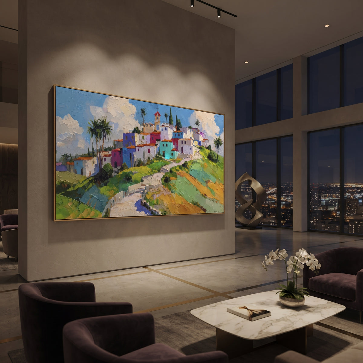 "Harbor Village Reflections PT 1573" focuses on atmosphere, surface movement, and sculptural heavy impasto craftsmanship rather than a fixed literal storyline. The composition uses this hand-painted Mediterranean canvas features colorful waterfront houses, moored boats, shimmering blue harbor reflections, pastel sky, built with raised palette-knife texture, layered brushwork, and luminous coastal color as the visual anchor, while layered palette-knife paint, raised plaster-like texture, and
