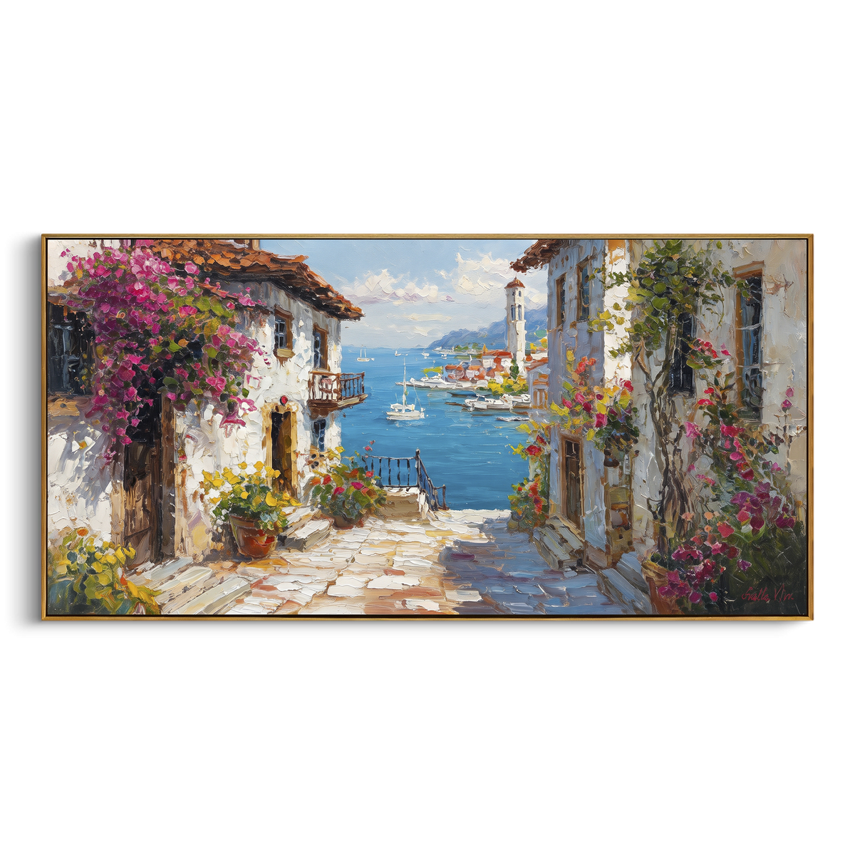 "Harbor Village Reflections PT 1574" focuses on atmosphere, surface movement, and sculptural heavy impasto craftsmanship rather than a fixed literal storyline. The composition uses this hand-painted Mediterranean canvas features colorful waterfront houses, moored boats, shimmering blue harbor reflections, pastel sky, built with raised palette-knife texture, layered brushwork, and luminous coastal color as the visual anchor, while layered palette-knife paint, raised plaster-like texture, and