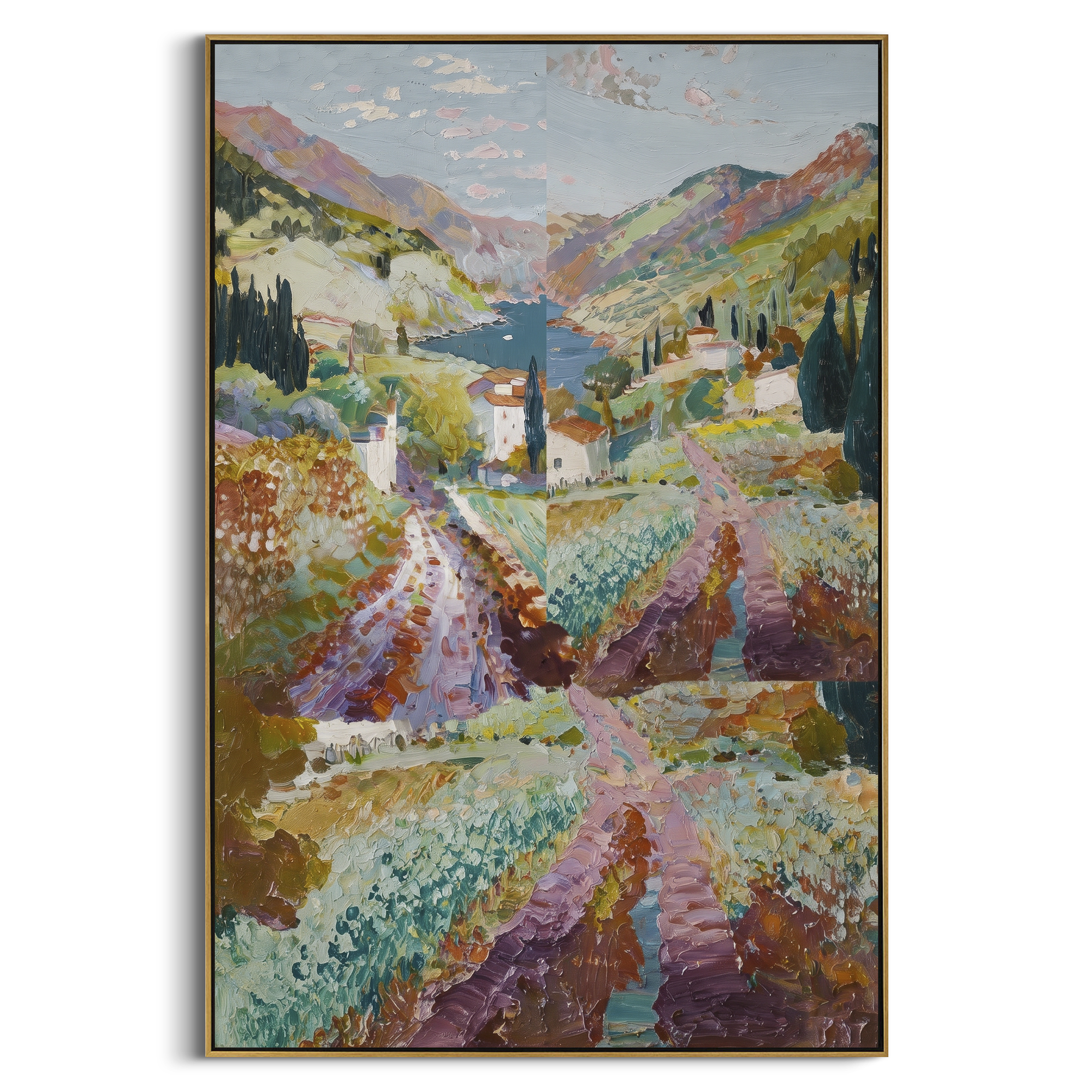"Mountain Bay Village PT 1575" focuses on atmosphere, surface movement, and sculptural heavy impasto craftsmanship rather than a fixed literal storyline. The composition uses this hand-painted Mediterranean canvas features coastal mountains, small village rooftops, winding shore, blue bay and garden accents, built with raised palette-knife texture, layered brushwork, and luminous coastal color as the visual anchor, while layered palette-knife paint, raised plaster-like texture, and softened
