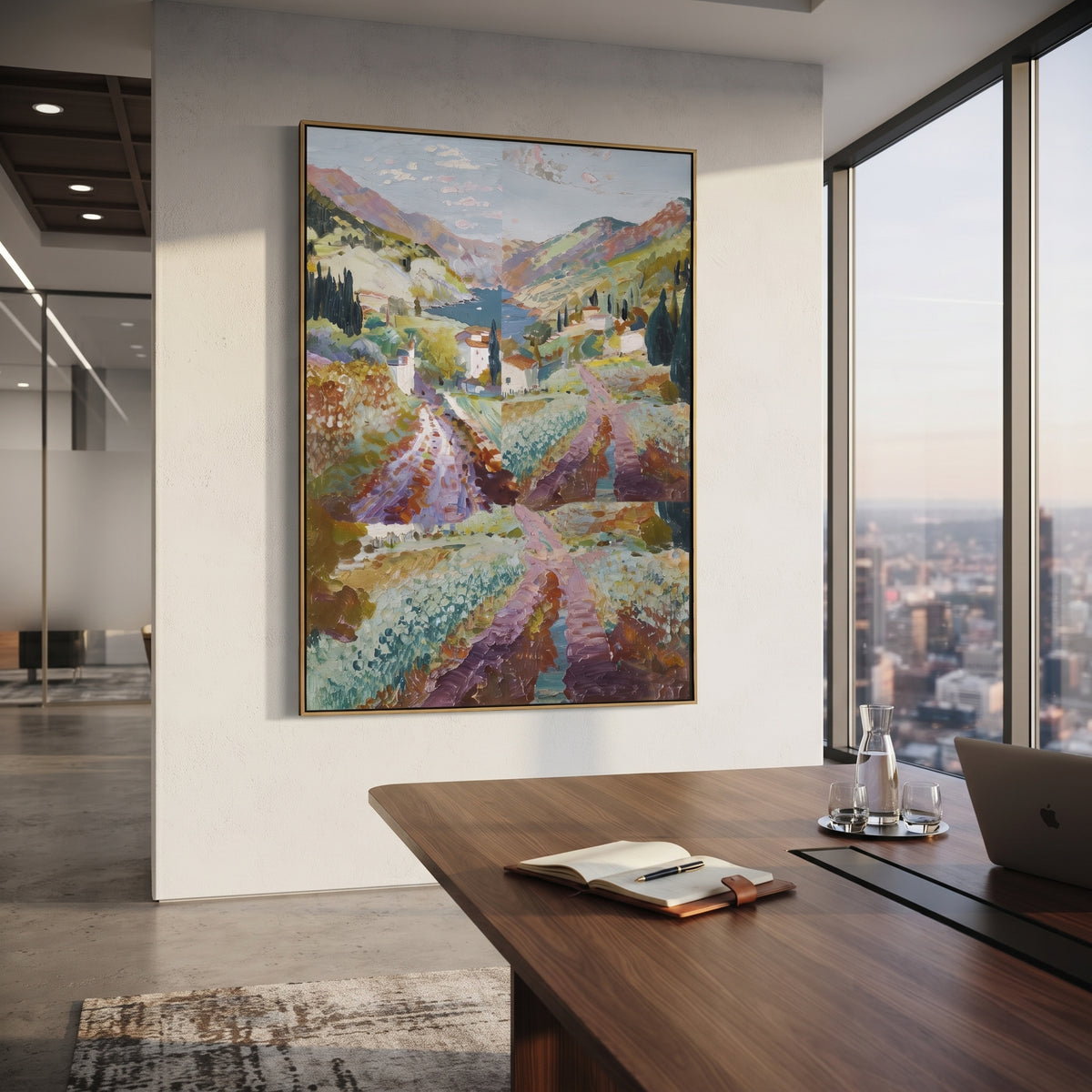 "Mountain Bay Village PT 1575" focuses on atmosphere, surface movement, and sculptural heavy impasto craftsmanship rather than a fixed literal storyline. The composition uses this hand-painted Mediterranean canvas features coastal mountains, small village rooftops, winding shore, blue bay and garden accents, built with raised palette-knife texture, layered brushwork, and luminous coastal color as the visual anchor, while layered palette-knife paint, raised plaster-like texture, and softened