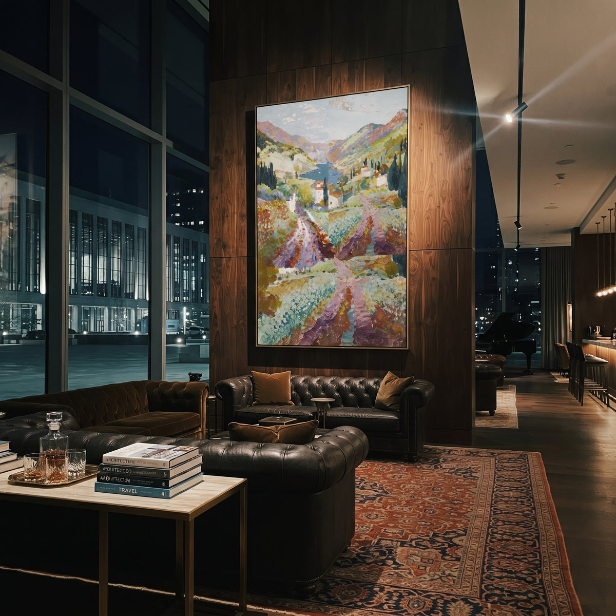 "Mountain Bay Village PT 1575" focuses on atmosphere, surface movement, and sculptural heavy impasto craftsmanship rather than a fixed literal storyline. The composition uses this hand-painted Mediterranean canvas features coastal mountains, small village rooftops, winding shore, blue bay and garden accents, built with raised palette-knife texture, layered brushwork, and luminous coastal color as the visual anchor, while layered palette-knife paint, raised plaster-like texture, and softened