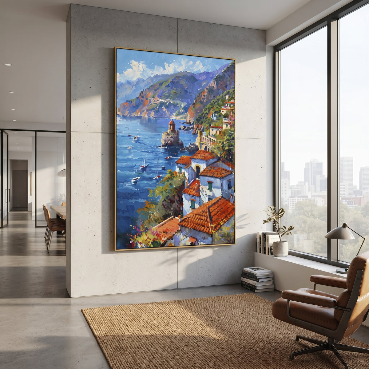 "Bougainvillea Sea Lane PT 1576" focuses on atmosphere, surface movement, and sculptural heavy impasto craftsmanship rather than a fixed literal storyline. The composition uses this hand-painted Mediterranean canvas features whitewashed stone lane, cascading pink bougainvillea, blue sea opening, sunlit village walls, built with raised palette-knife texture, layered brushwork, and luminous coastal color as the visual anchor, while layered palette-knife paint, raised plaster-like texture, and