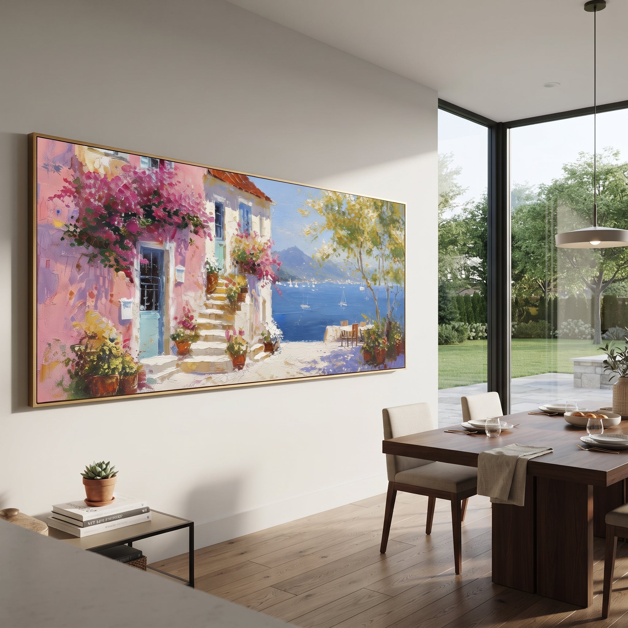 "Colorful Cliff Town Painting" focuses on atmosphere, surface movement, and sculptural heavy impasto craftsmanship rather than a fixed literal storyline. The composition uses this hand-painted Mediterranean canvas features stacked pastel buildings on seaside cliffs, boats below, bright impasto coastal color, built with raised palette-knife texture, layered brushwork, and luminous coastal color as the visual anchor, while layered palette-knife paint, raised plaster-like texture, and softened