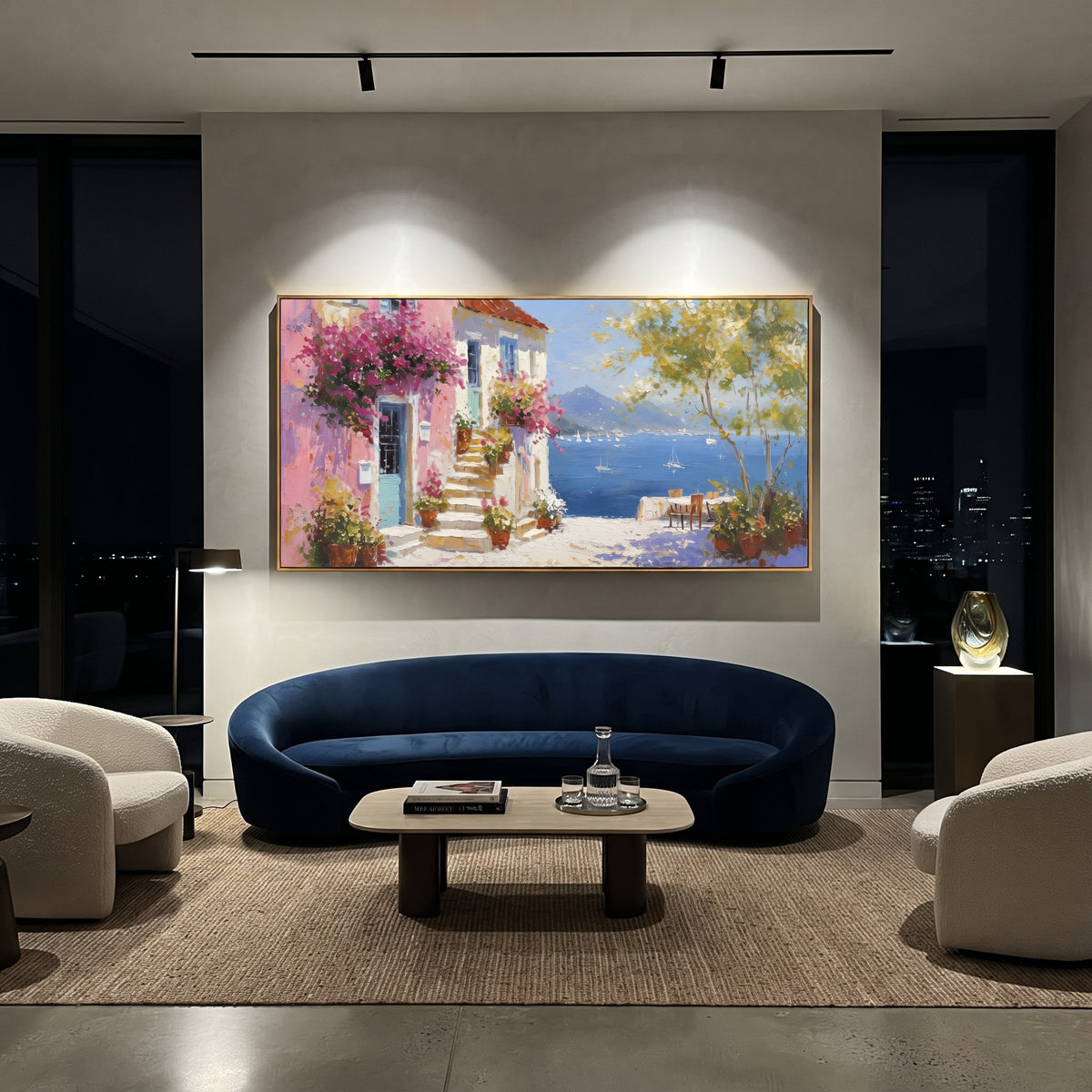 "Colorful Cliff Town Painting" focuses on atmosphere, surface movement, and sculptural heavy impasto craftsmanship rather than a fixed literal storyline. The composition uses this hand-painted Mediterranean canvas features stacked pastel buildings on seaside cliffs, boats below, bright impasto coastal color, built with raised palette-knife texture, layered brushwork, and luminous coastal color as the visual anchor, while layered palette-knife paint, raised plaster-like texture, and softened